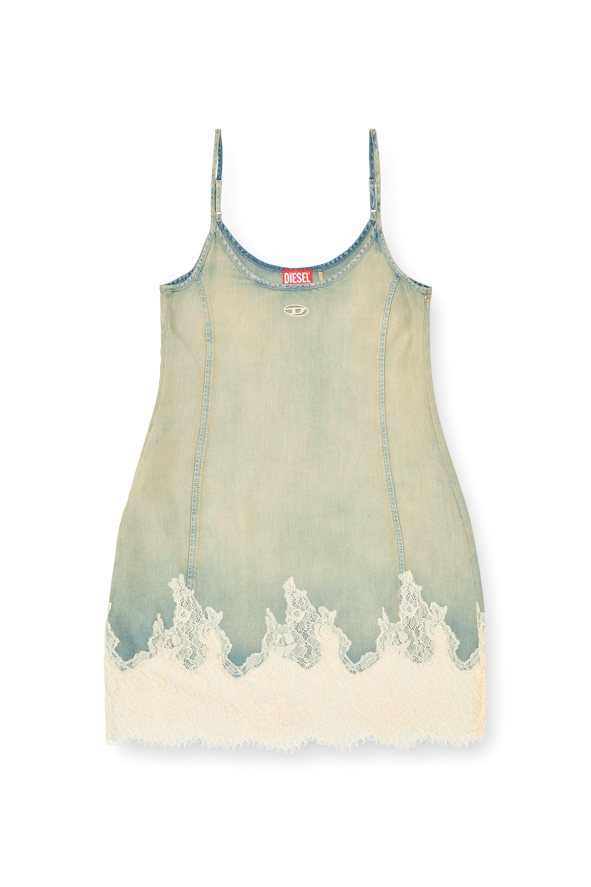 Diesel - DE-ODRY-S, Damen Minikleid aus Spitzen-Denim in Blau/Weiss - 2