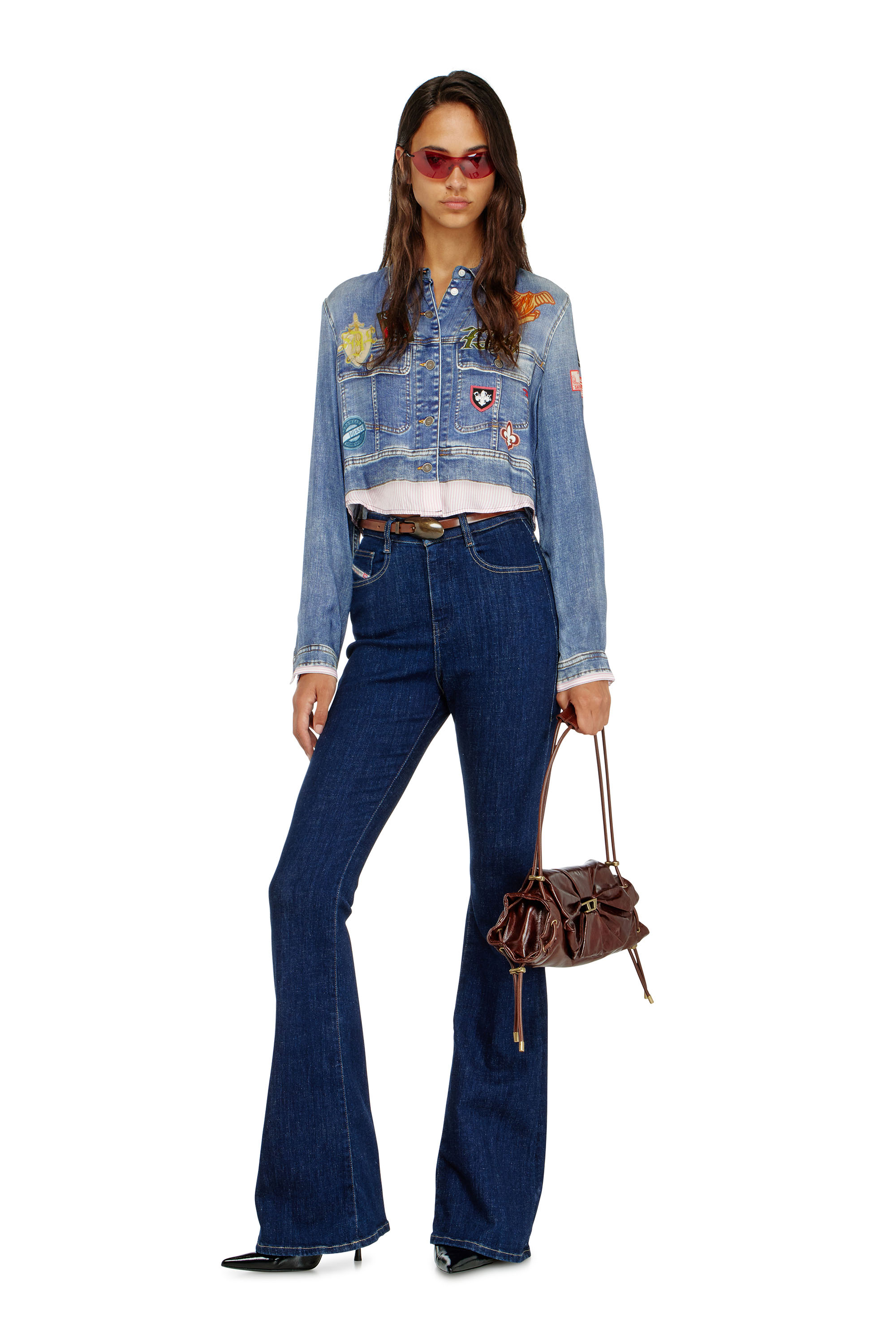 Diesel - C-LONE, Damen Cropped-Satinhemd mit trompe-l&rsquo;oeil-Denim-Print in null - 1