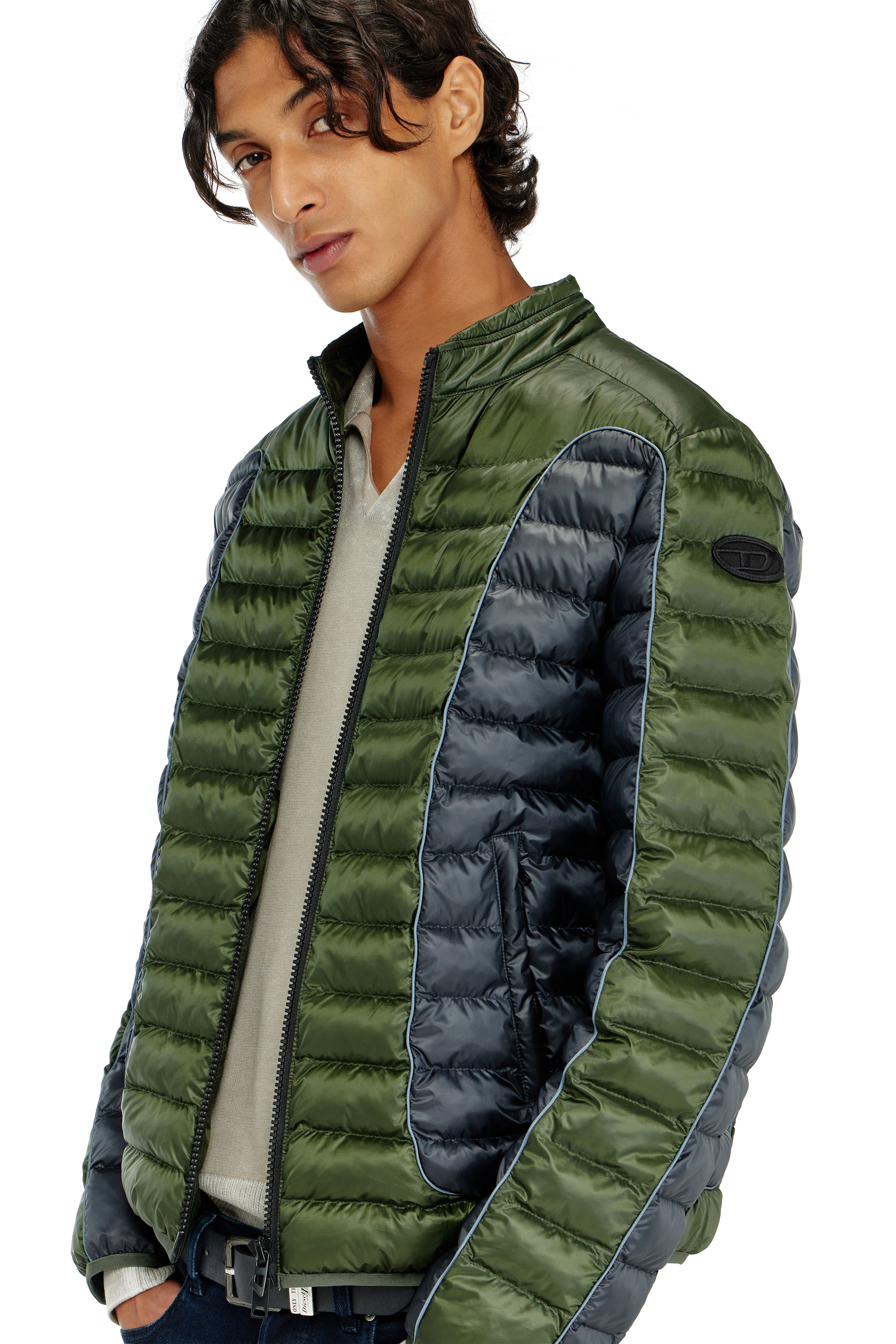 Diesel - W-PILOT-BLOCK, Herren Biker-Pufferjacke mit Colour-Block-Design in Grau/Gr&uuml;n - 5