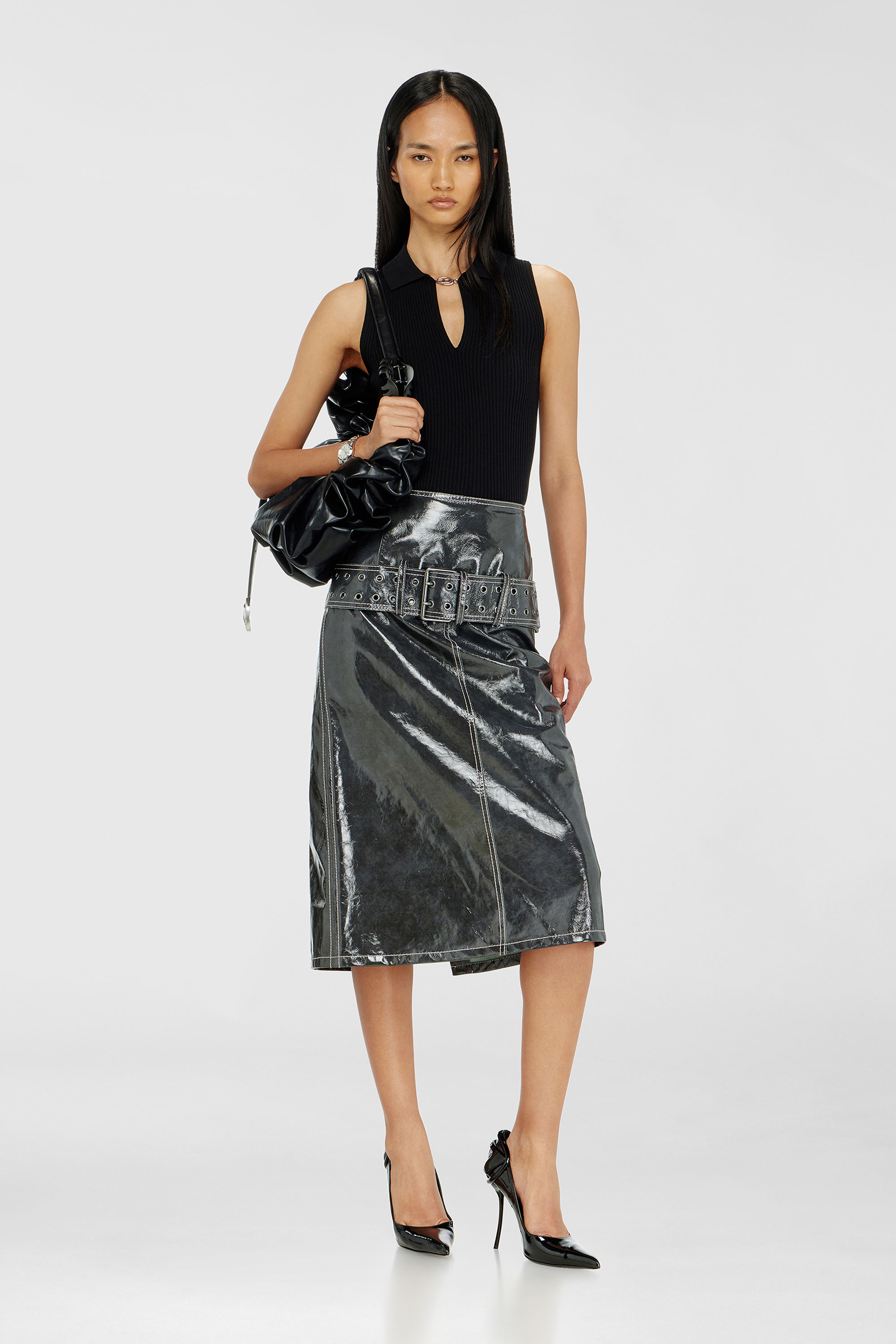 Diesel - M-LILITA, Damen &Auml;rmelloses Polo-Top aus Rippstrick mit Seidenmix in Schwarz - 2