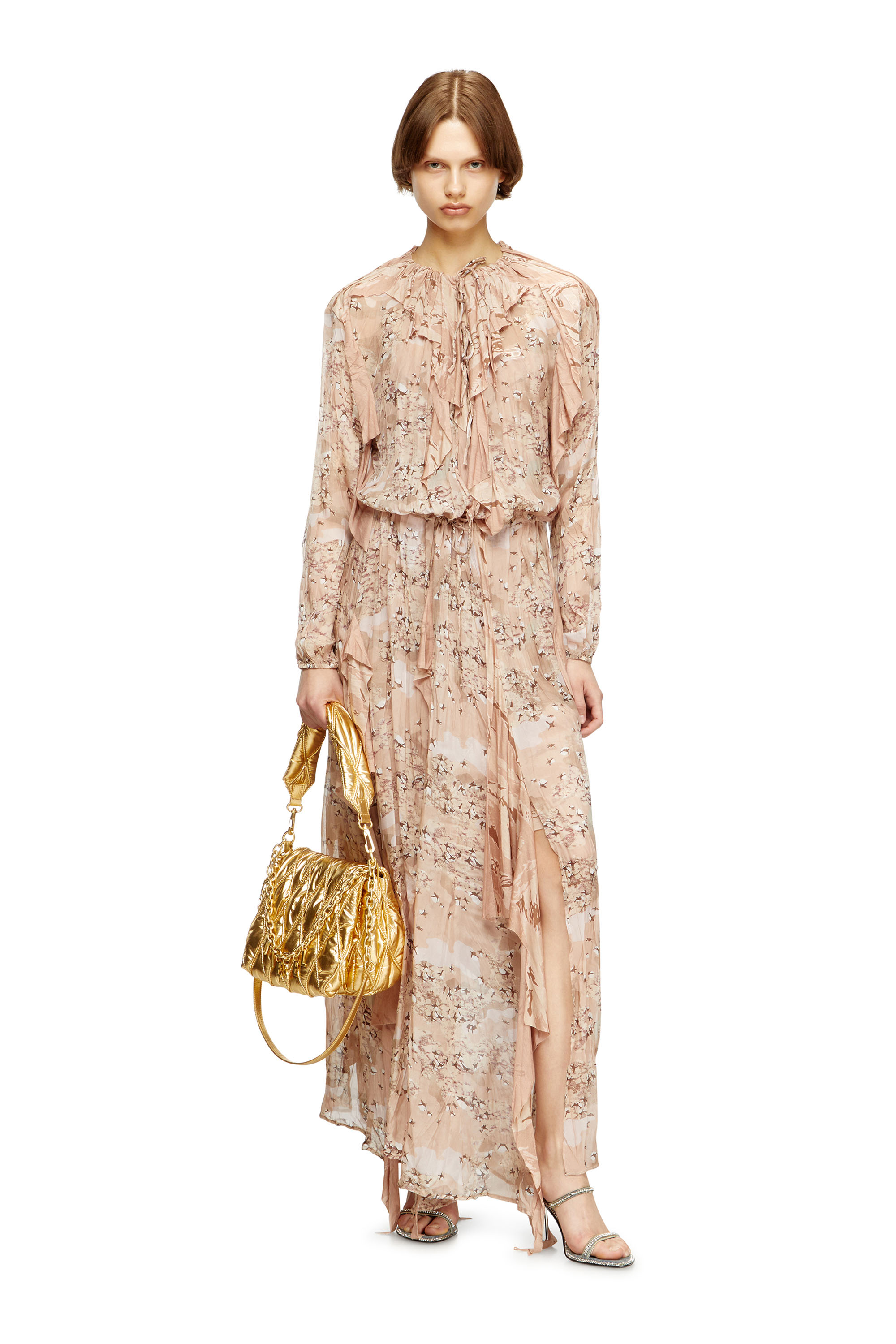 Diesel - D-AZZLING-R1, Damen Rüschen-Maxikleid aus Camo-Chiffon in Gesichtspuder - 1