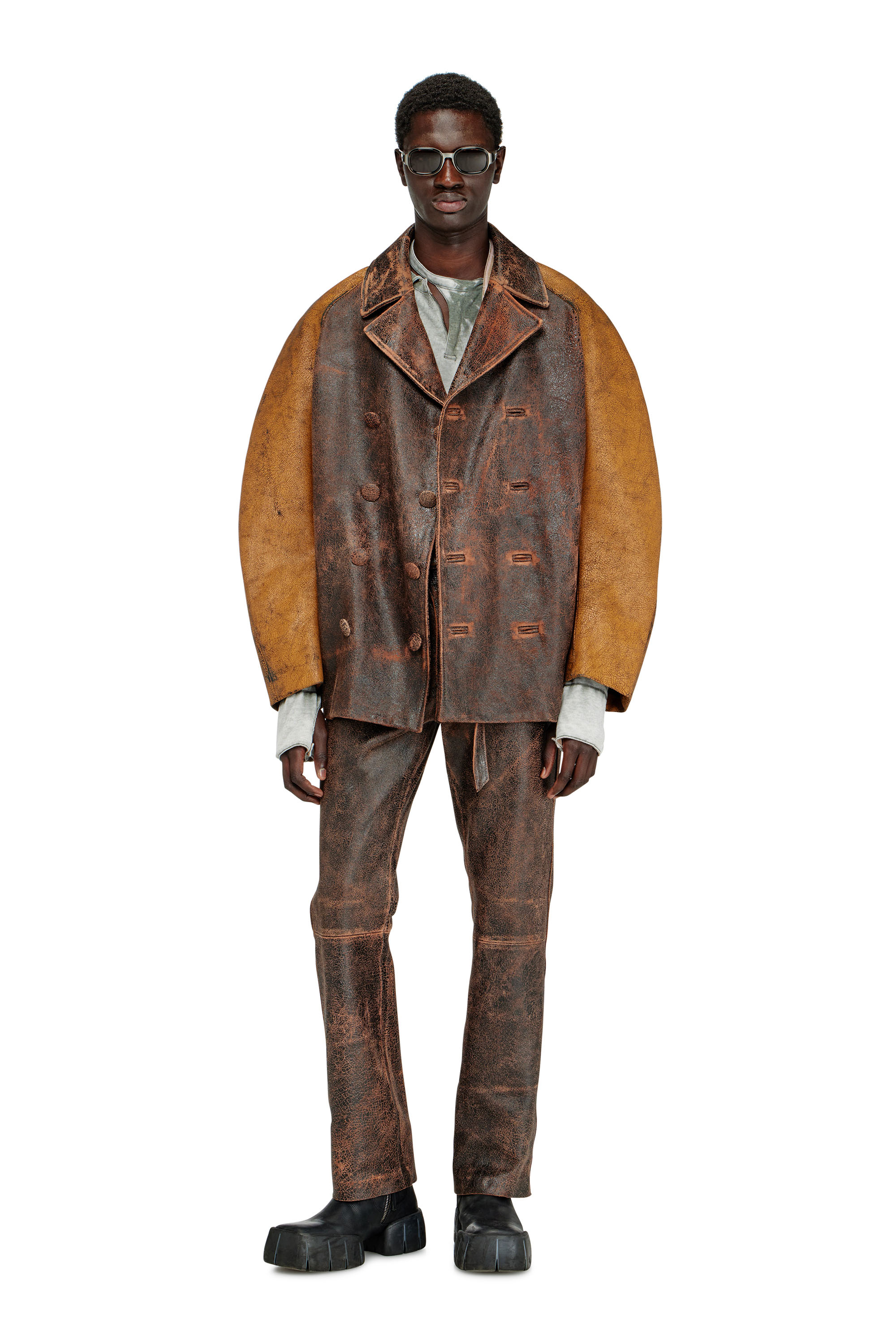 Diesel - L-NAHUN, Herren Cocoon-Mantel im Crackle-Leder in Braun - 1