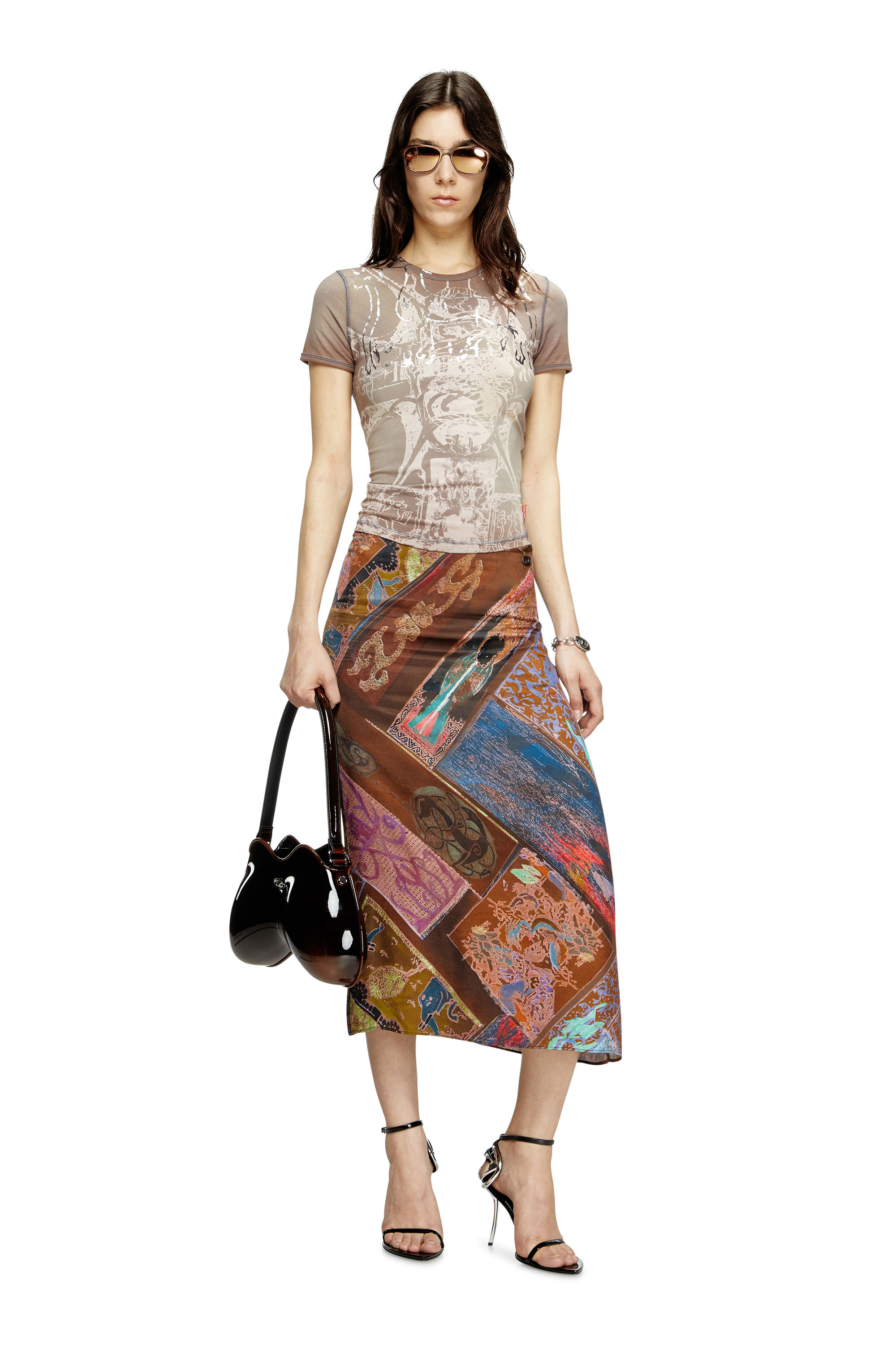 Diesel - T-UNCUTIES-LONG-R6, Damen T-Shirt mit Folien-Print in Hellbraun - 1