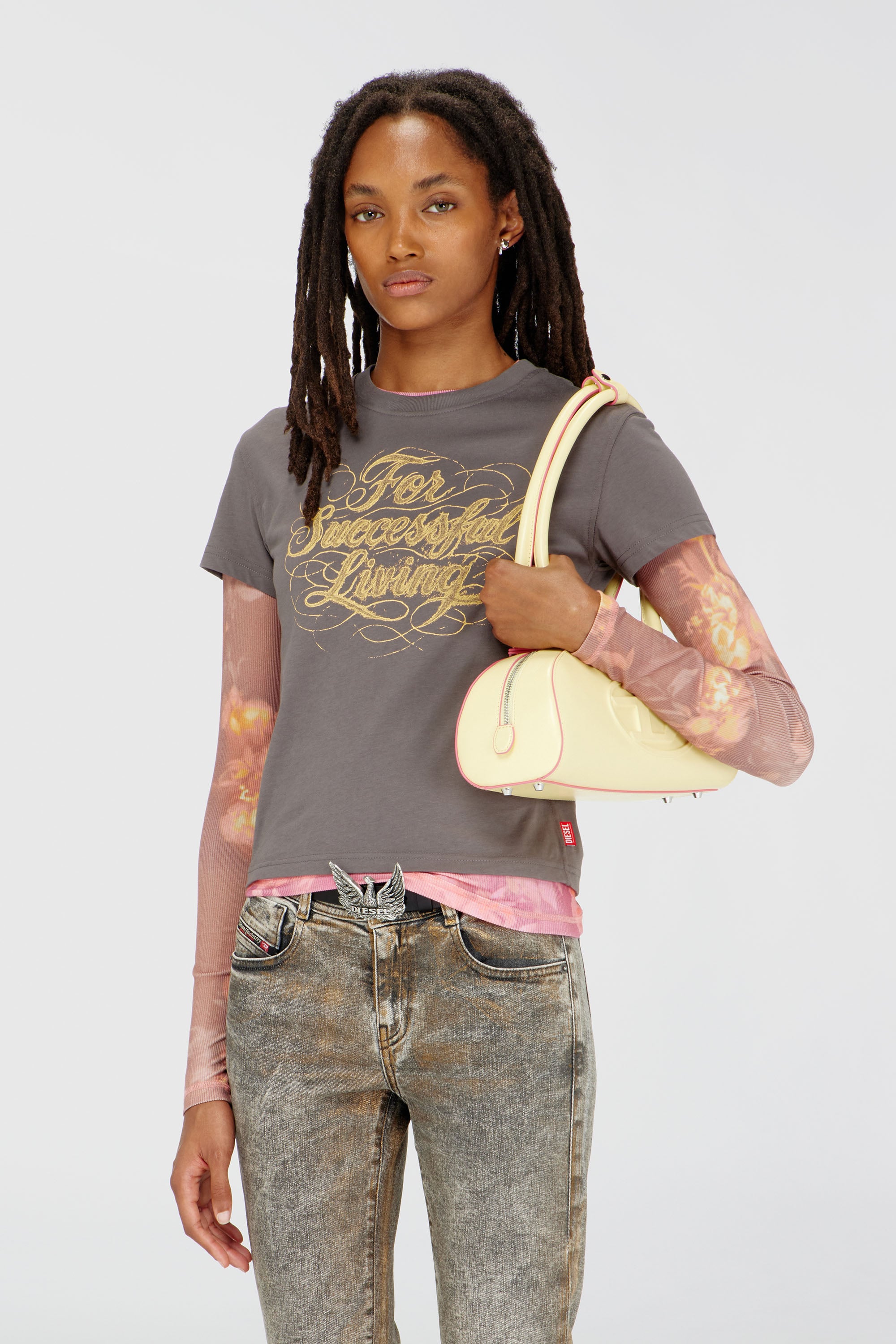 Diesel - T-ILA-AA4, Damen T-Shirt mit Logo-Print in Grau - 1