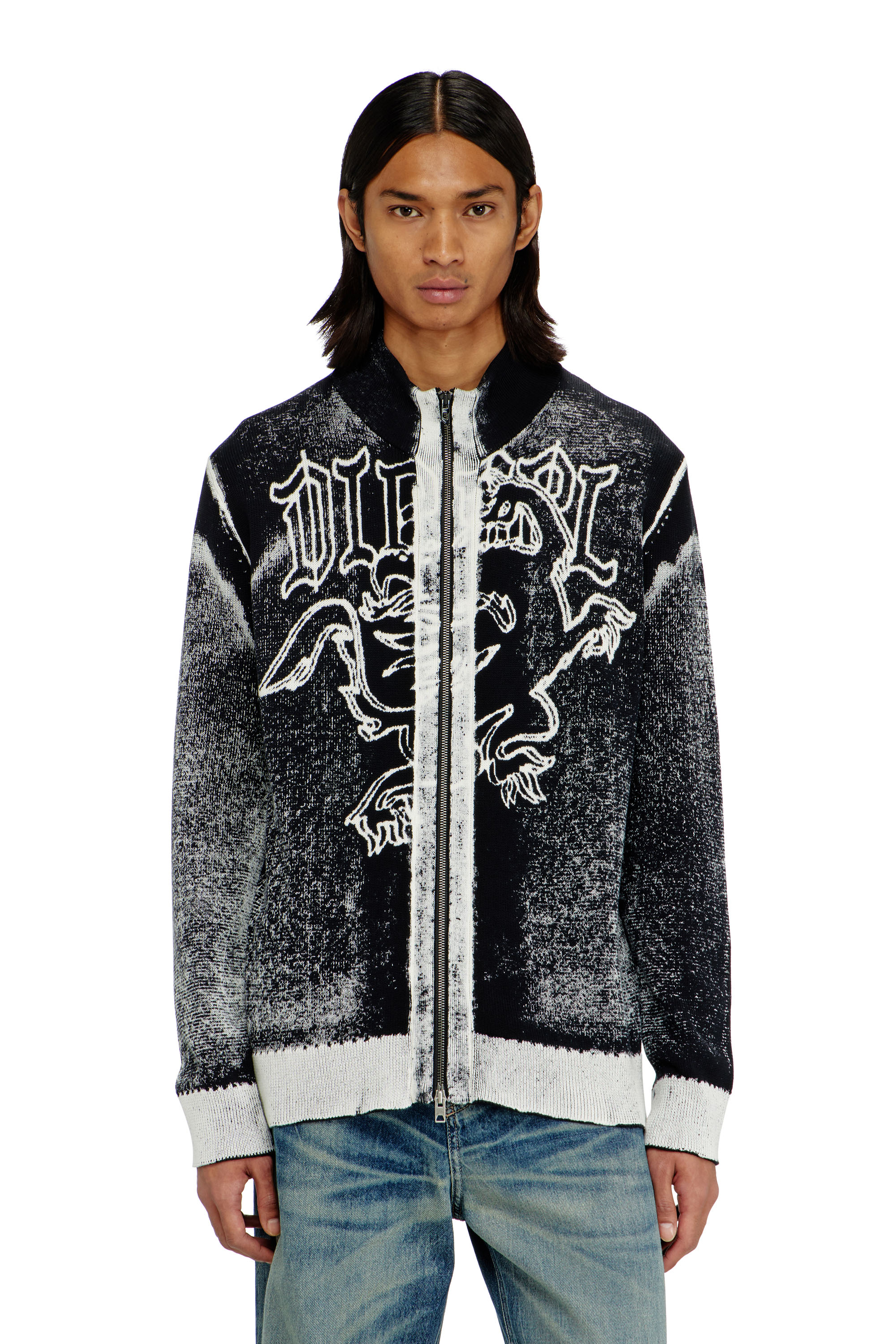 Diesel - K-LAUROS, Herren Behandelter zip-cardigan mit griffin-motiv in Schwarz/Weiss - 1