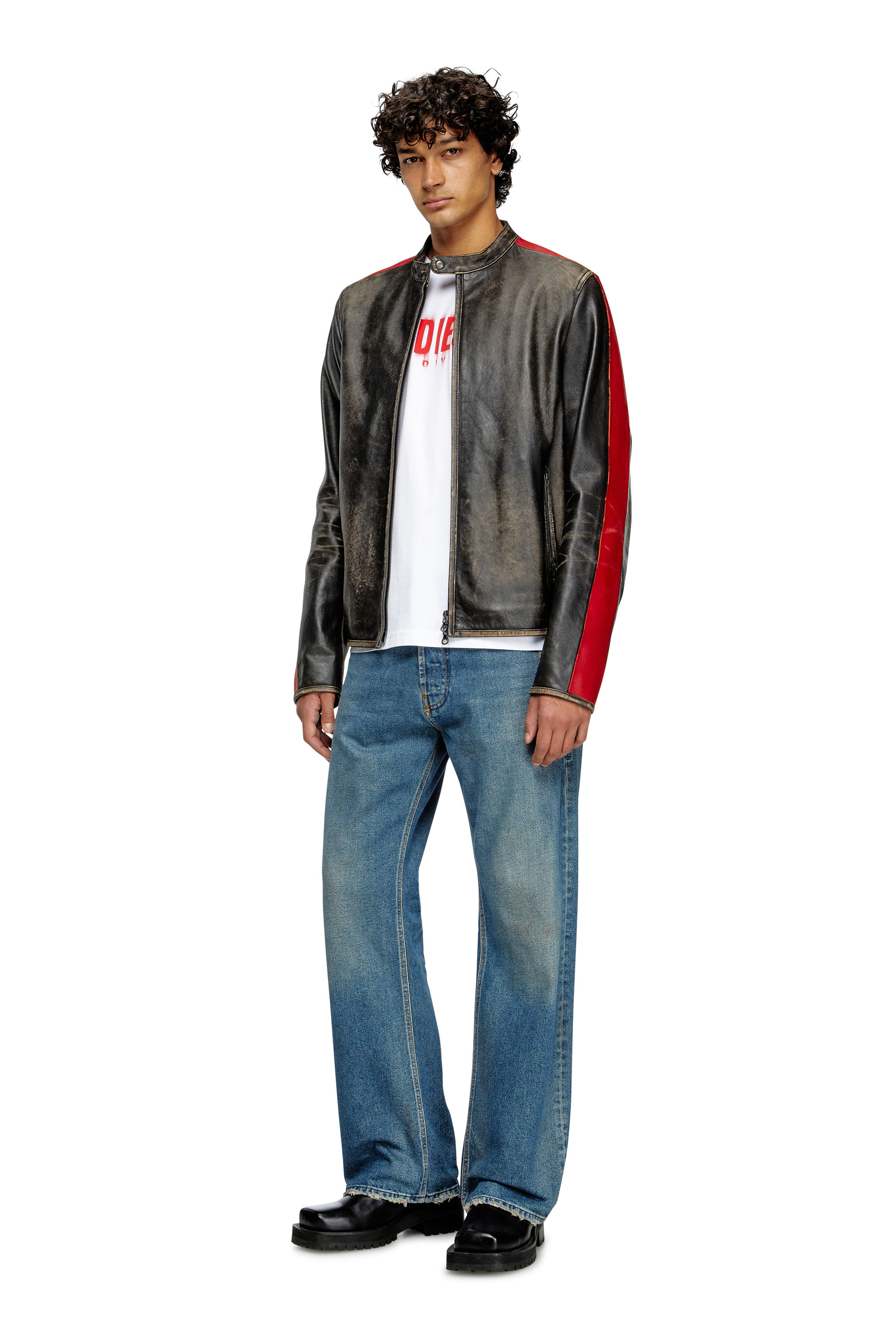 Diesel - L-RENN, Herren Jacke aus Leder mit kontrastfarbenen Streifen in Schwarz/Rot - 2