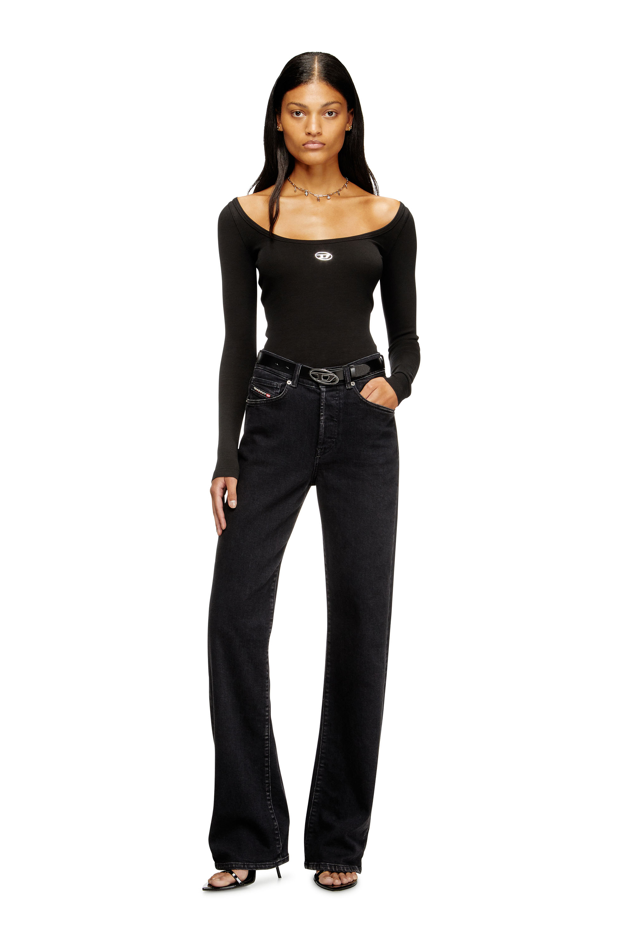 Diesel - T-BAL-OD, Damen Langärmliges, geripptes Oberteil mit metallischem Oval D in Schwarz - 2