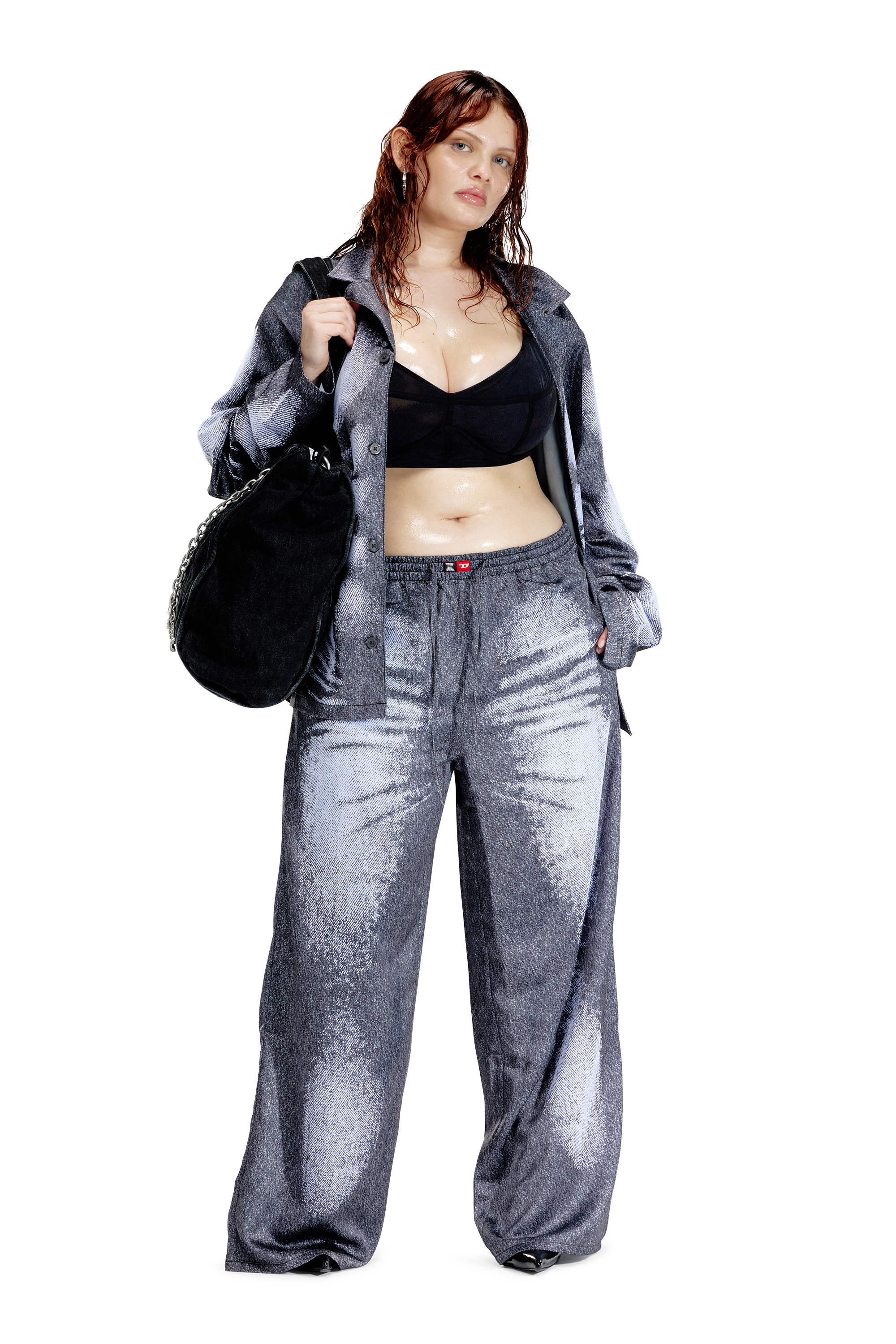 Diesel - STAINS-AND-TROMPE-SLEEP-PANT, Unisex Satin-Pyjamahose im Denim-Look in Grau - 1