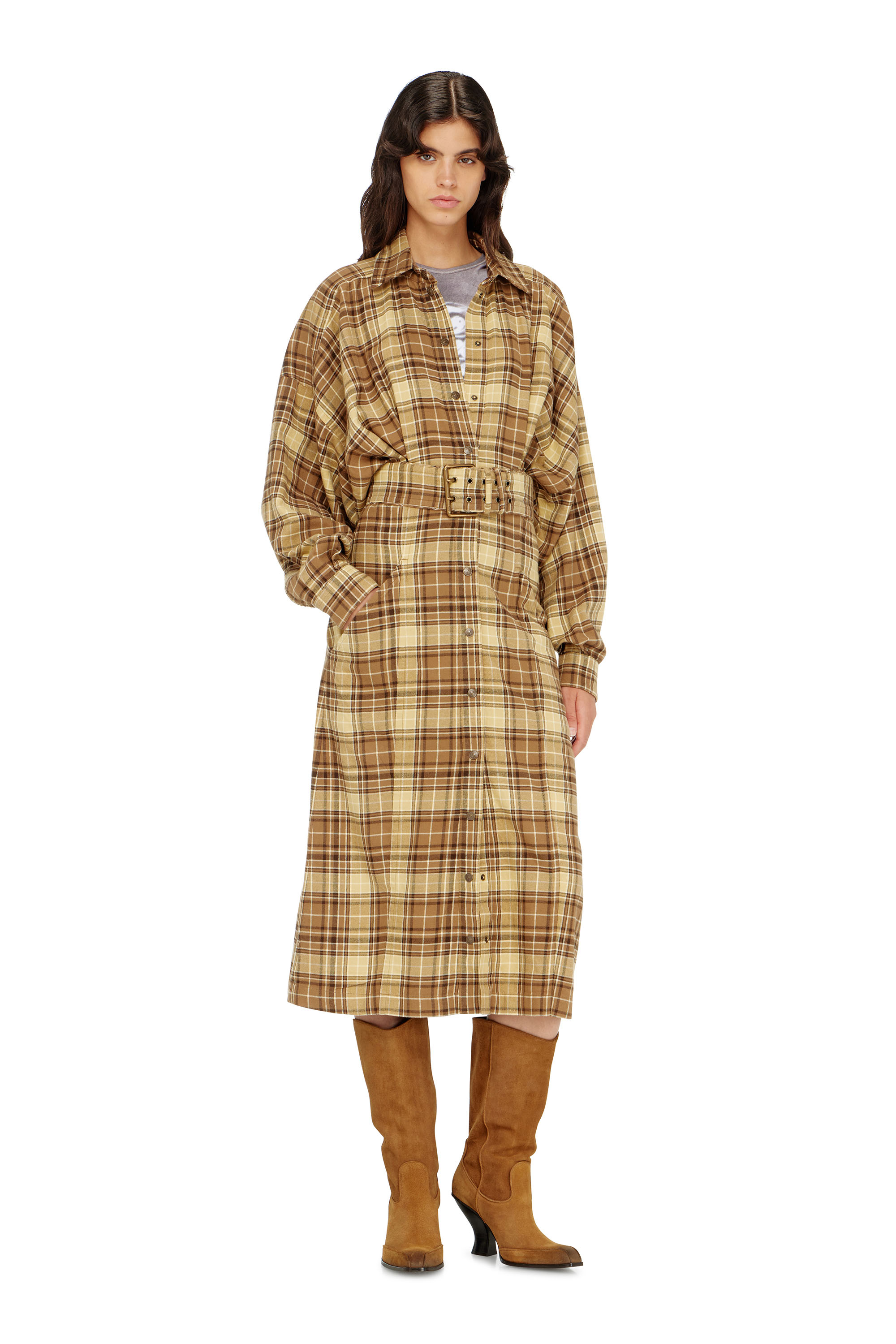 Diesel - D-EDALUS, Damen Midikleid aus kariertem Flanell mit breitem G&uuml;rtel in null - 3