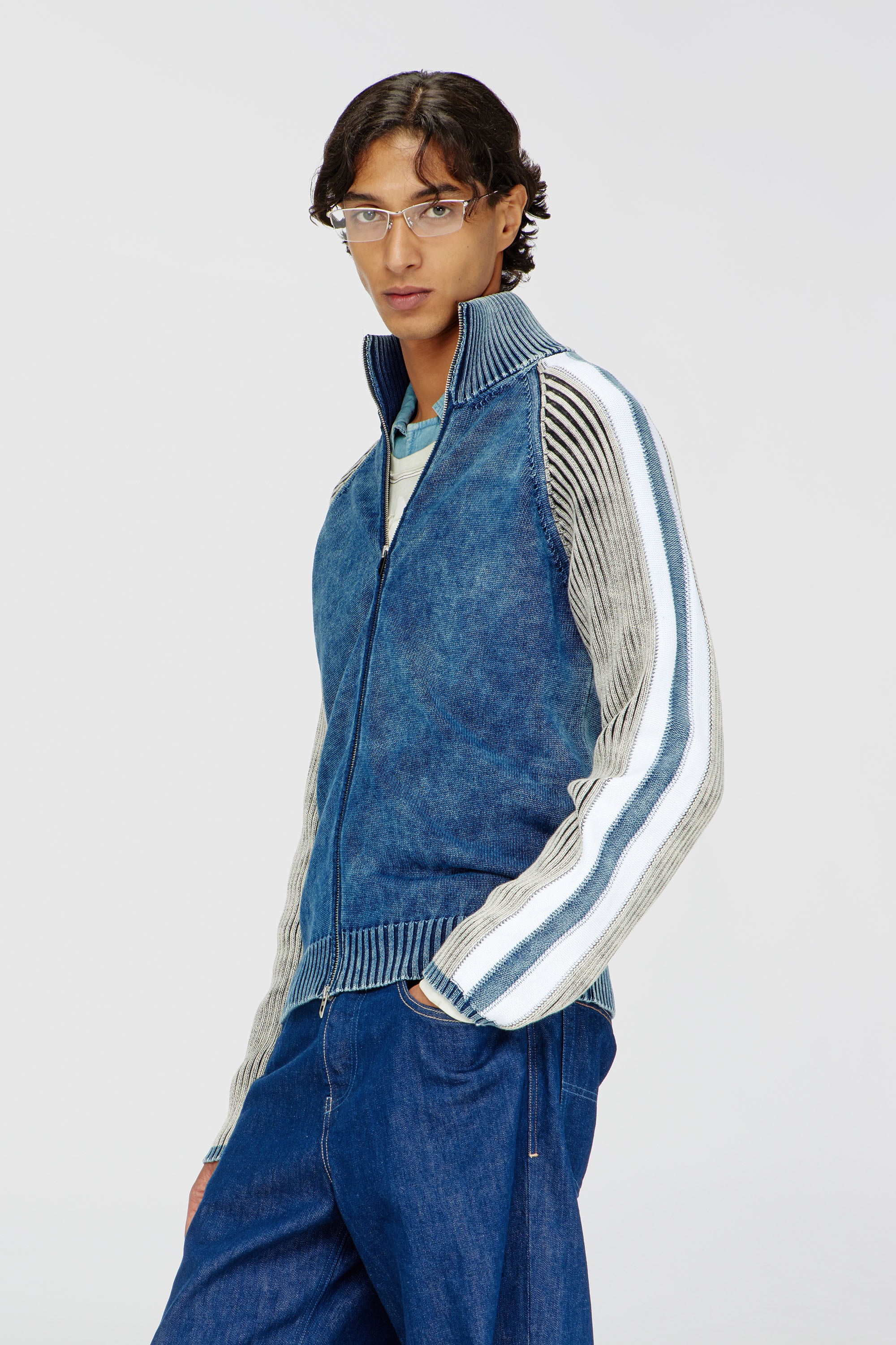 Diesel - K-HERONIMO, Herren Rei&szlig;verschluss-Cardigan mit sportlichen Streifen in Blau/Grau - 1