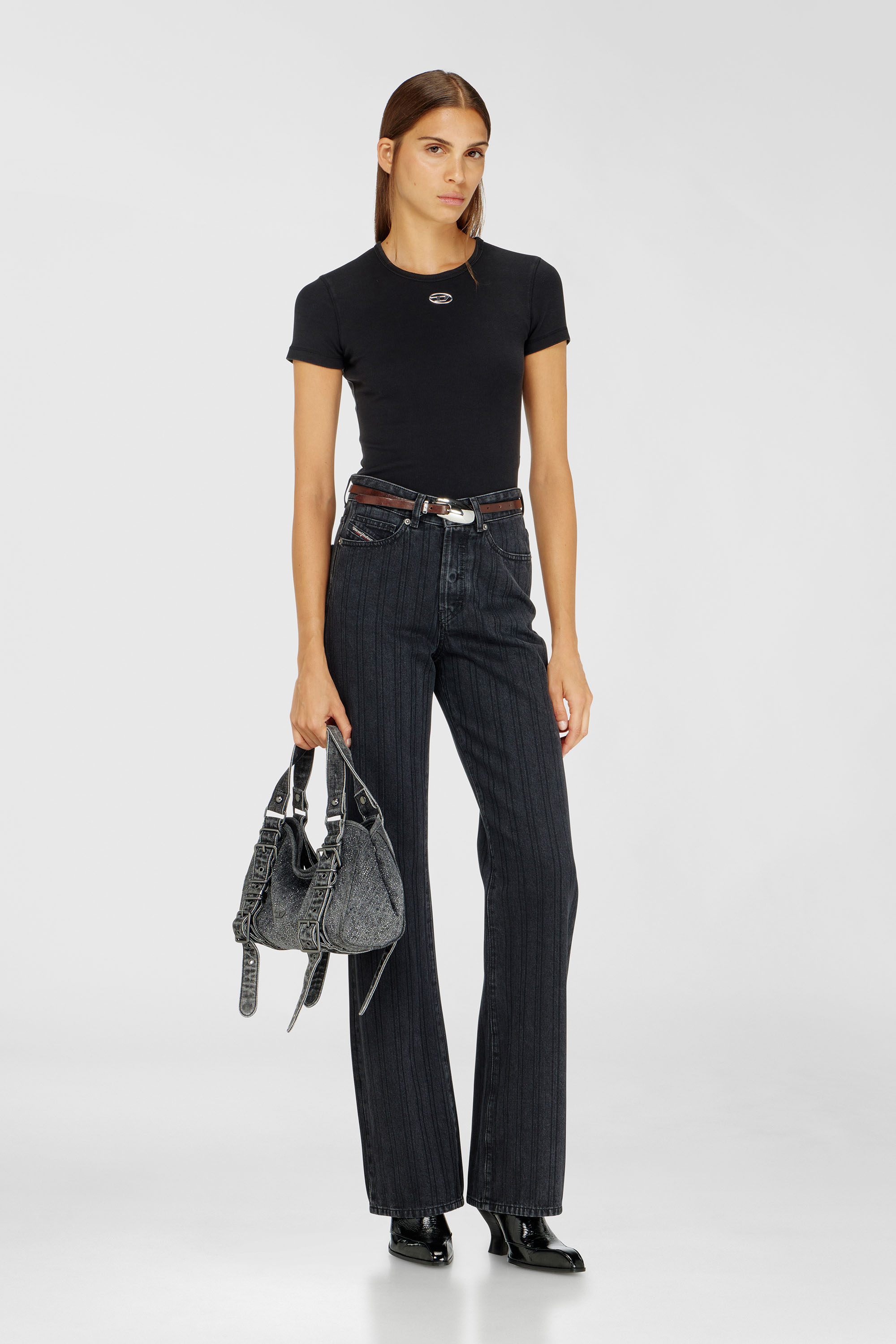 Diesel - D-ONE TOPHANDLE S, Damen D-One-Small Henkeltasche aus solarisiertem Denim mit Kristallen in Schwarz - 3