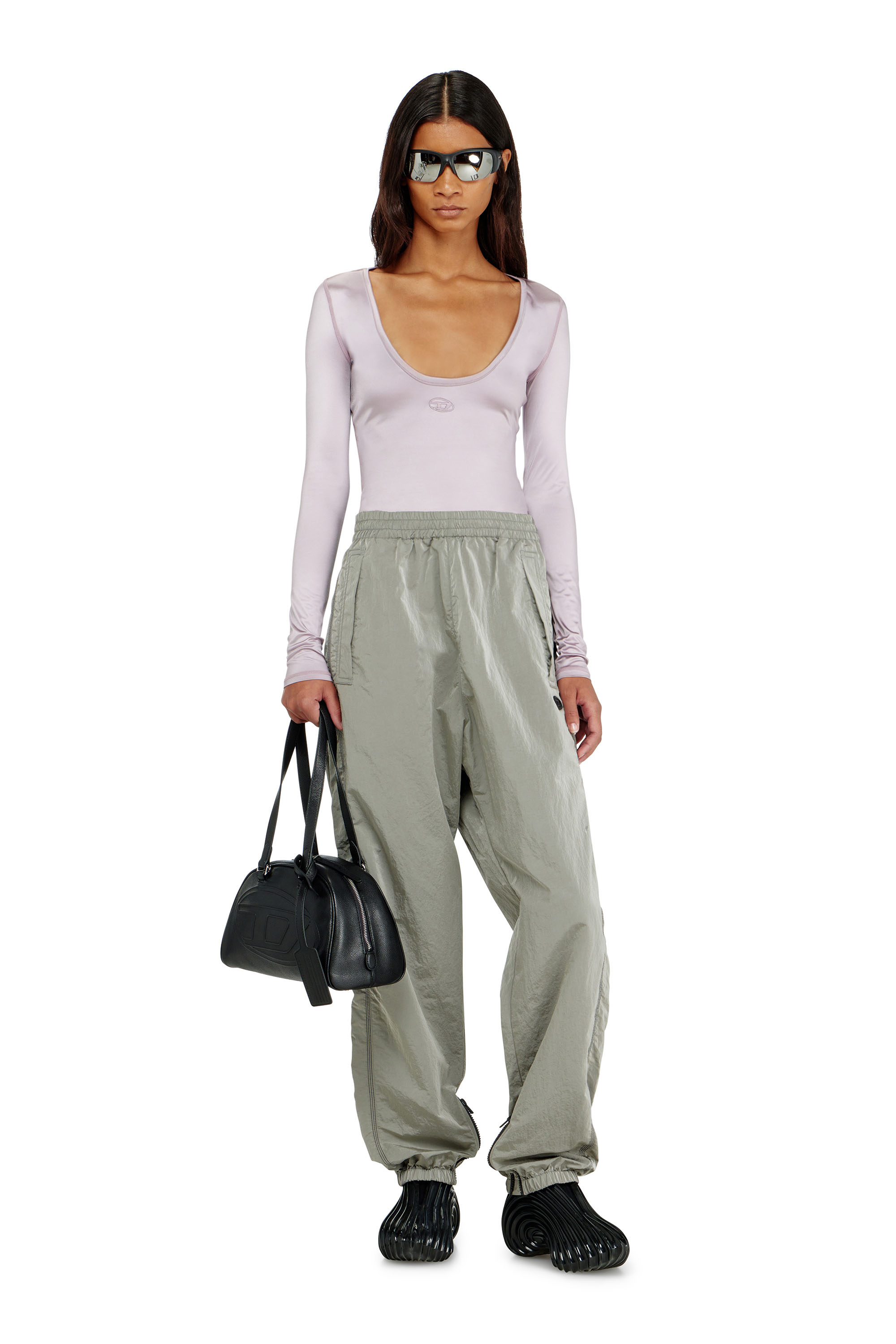 Diesel - T-ELPHIN-LS, Damen Nylon slim top mit Rundhalsausschnitt und Logo Oval D Stickerei in Lila - 2