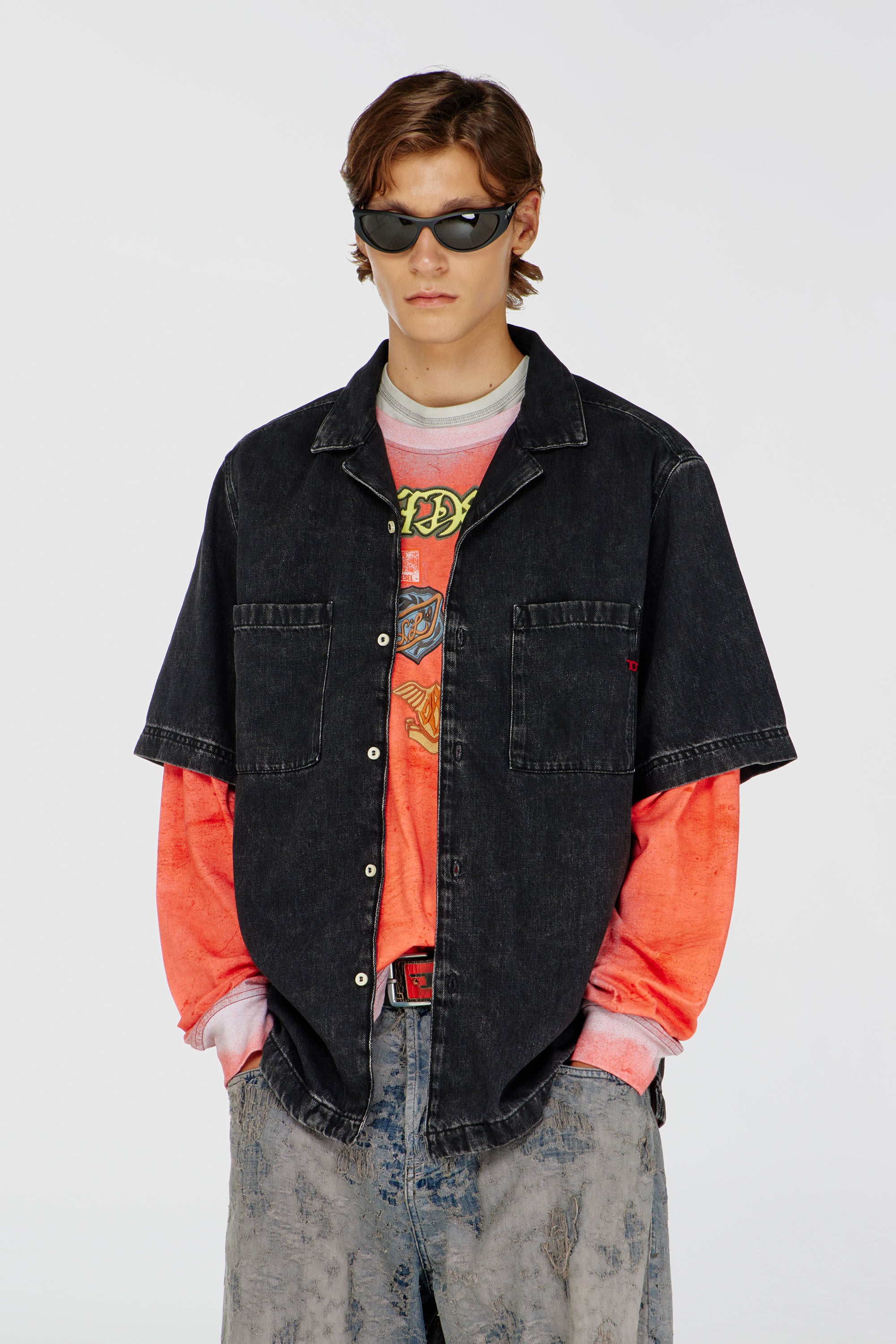 Diesel - D-PAROSHORT, Man's Bowling shirt in denim in Black - 1