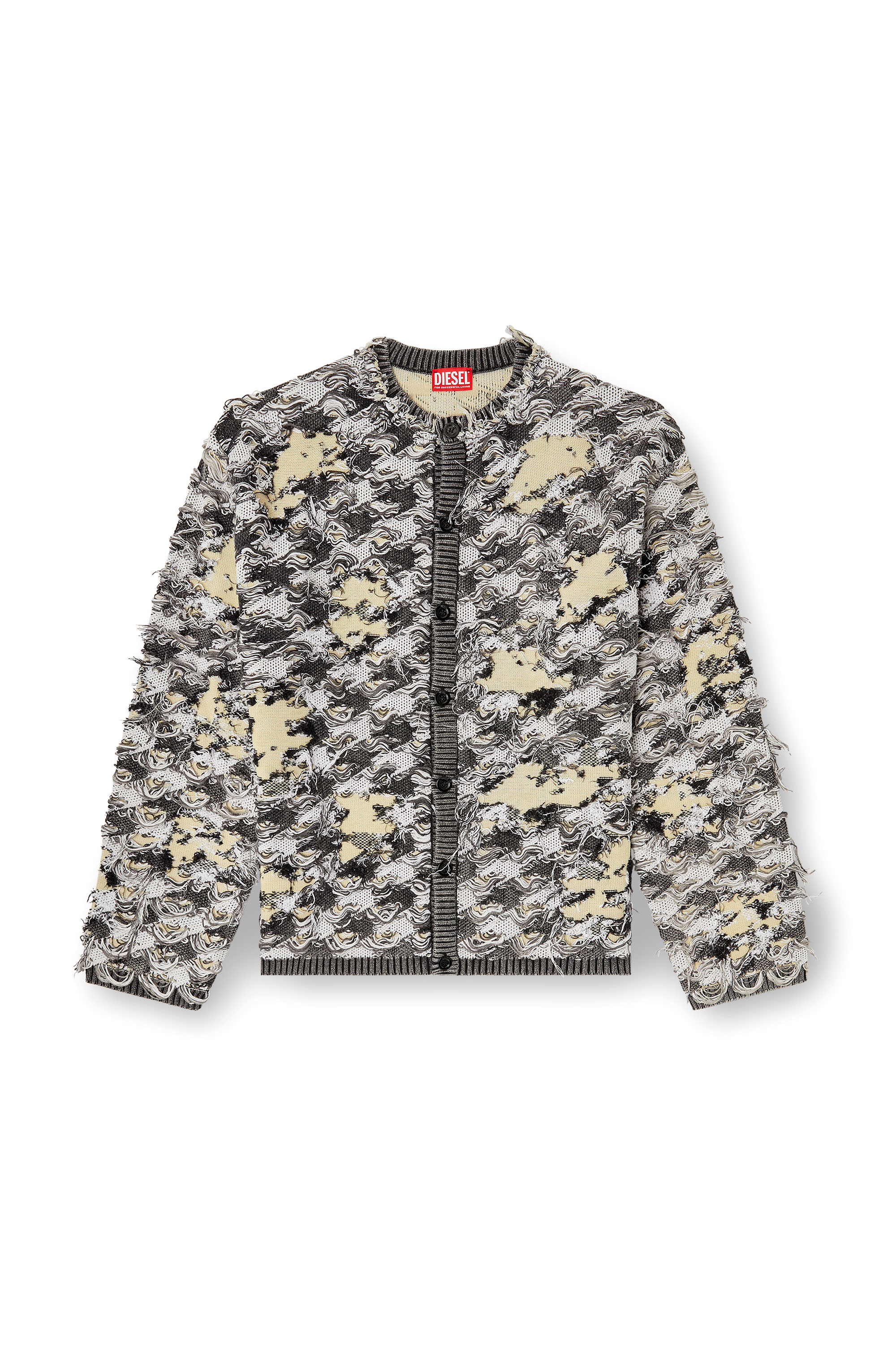 Diesel - K-VALBOR, Herren Strickjacke aus Dévoré-Hahnentritt-Jacquard in Grau/Weiss - 3