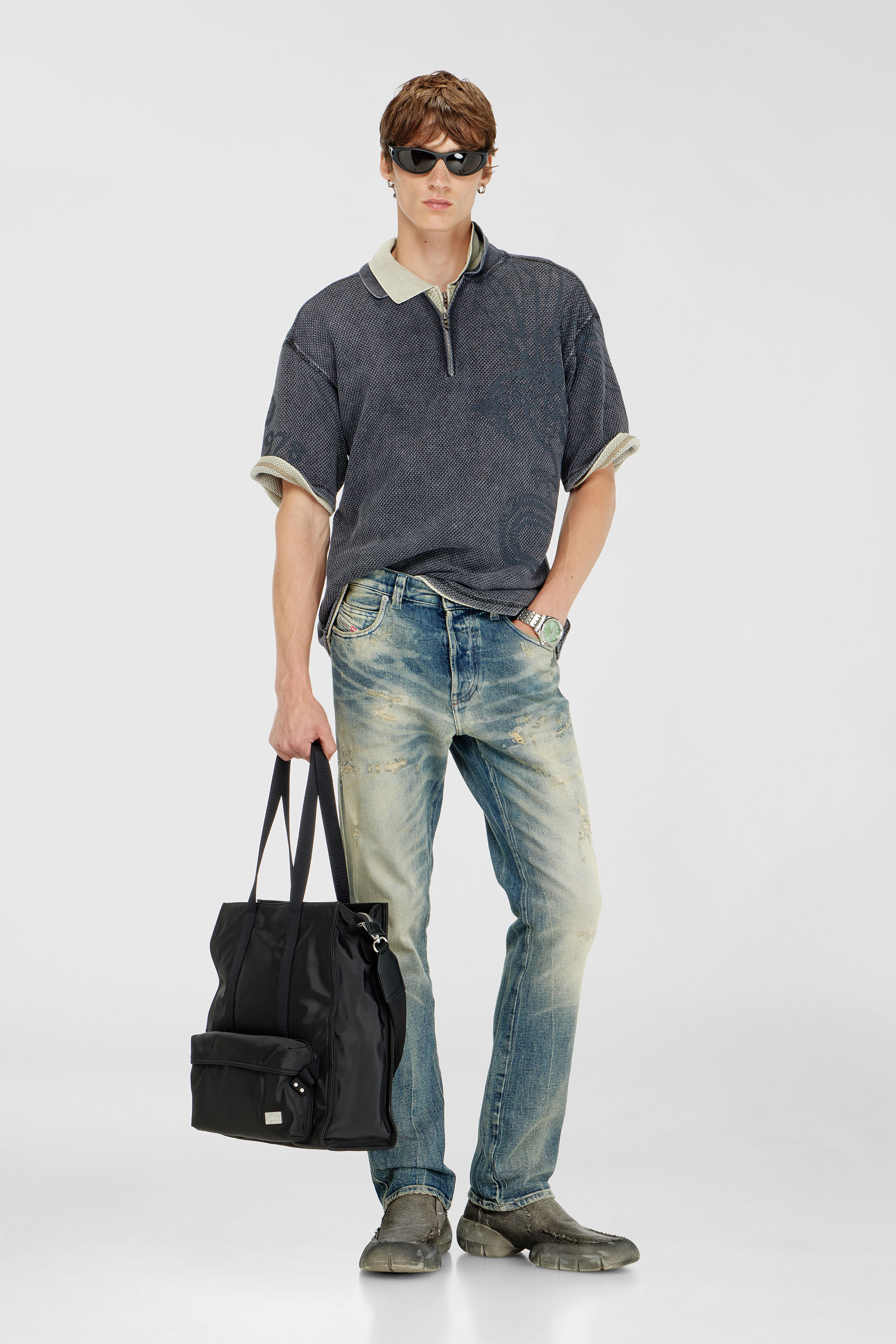 Diesel - T-ERRY-ZIP, Herren Mesh-Jacquard-Poloshirt mit Phoenix-Print in Dunkelgrau - 1