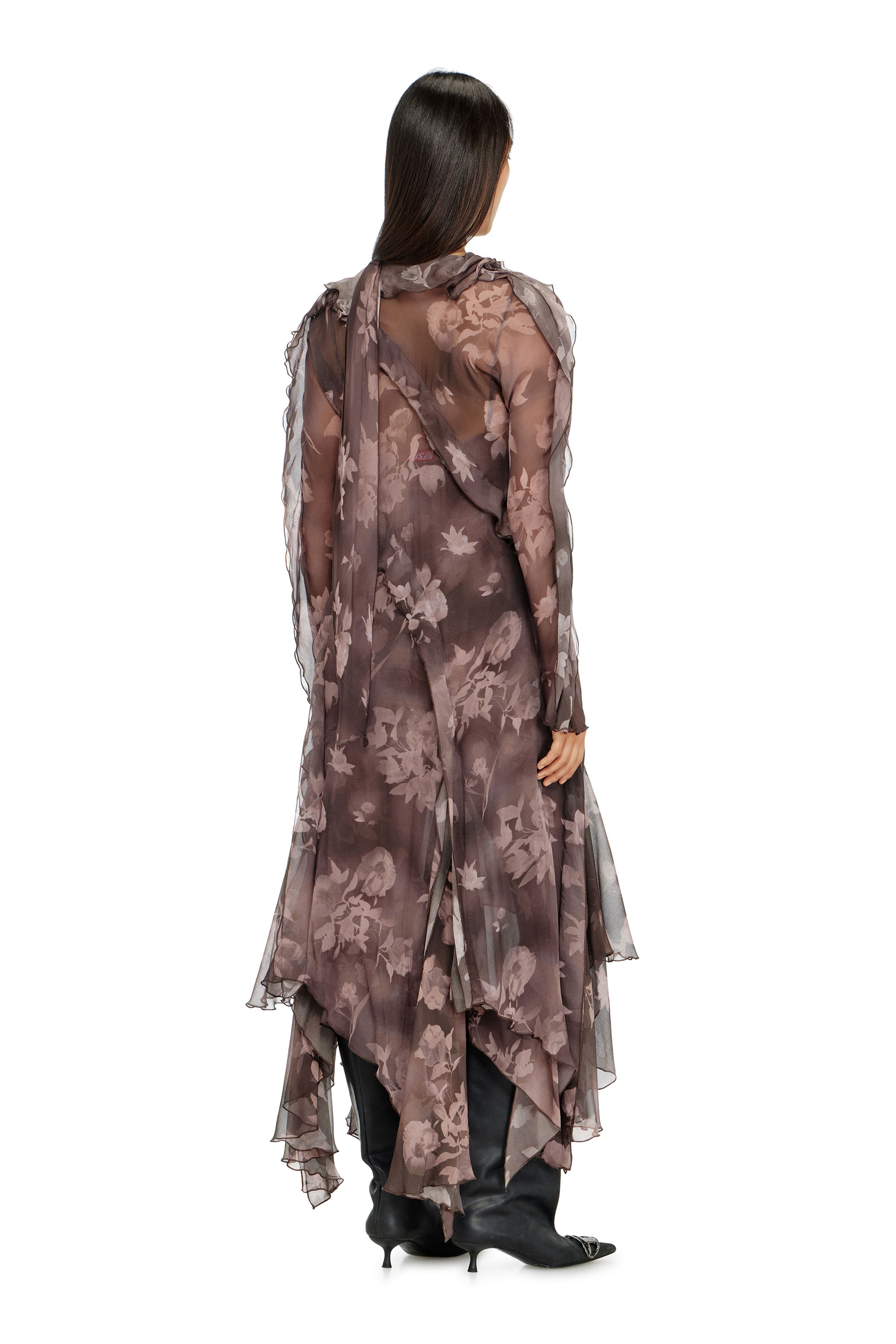 Diesel - D-RIADI, Damen Asymmetrisches Midikleid aus Chiffon und Seiden-Cr&ecirc;pe in Braun - 4