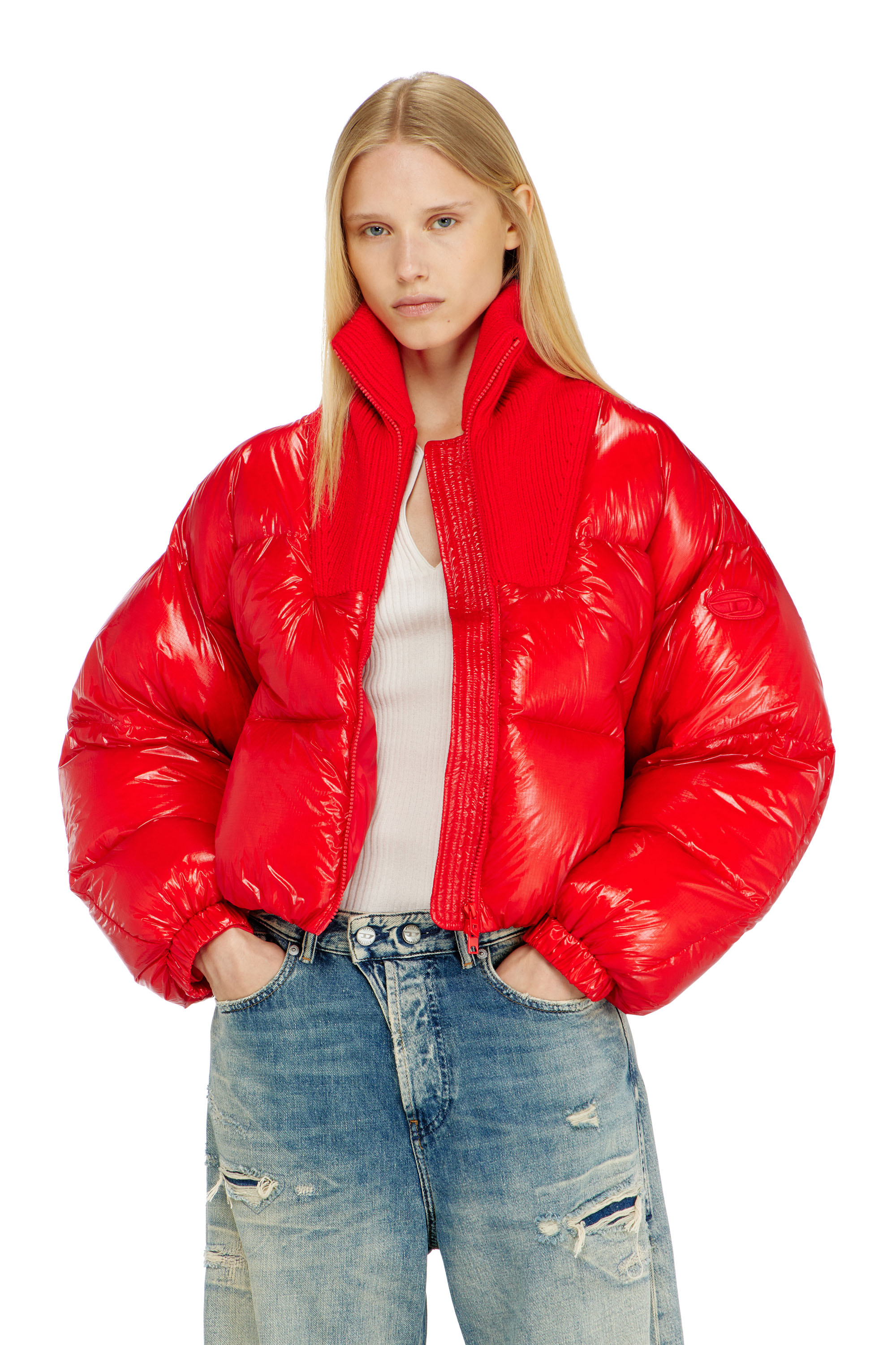 Diesel - W-ARRIOR, Damen Daunen-Steppjacke aus Ripstop mit Strickkragen in Rot - 1