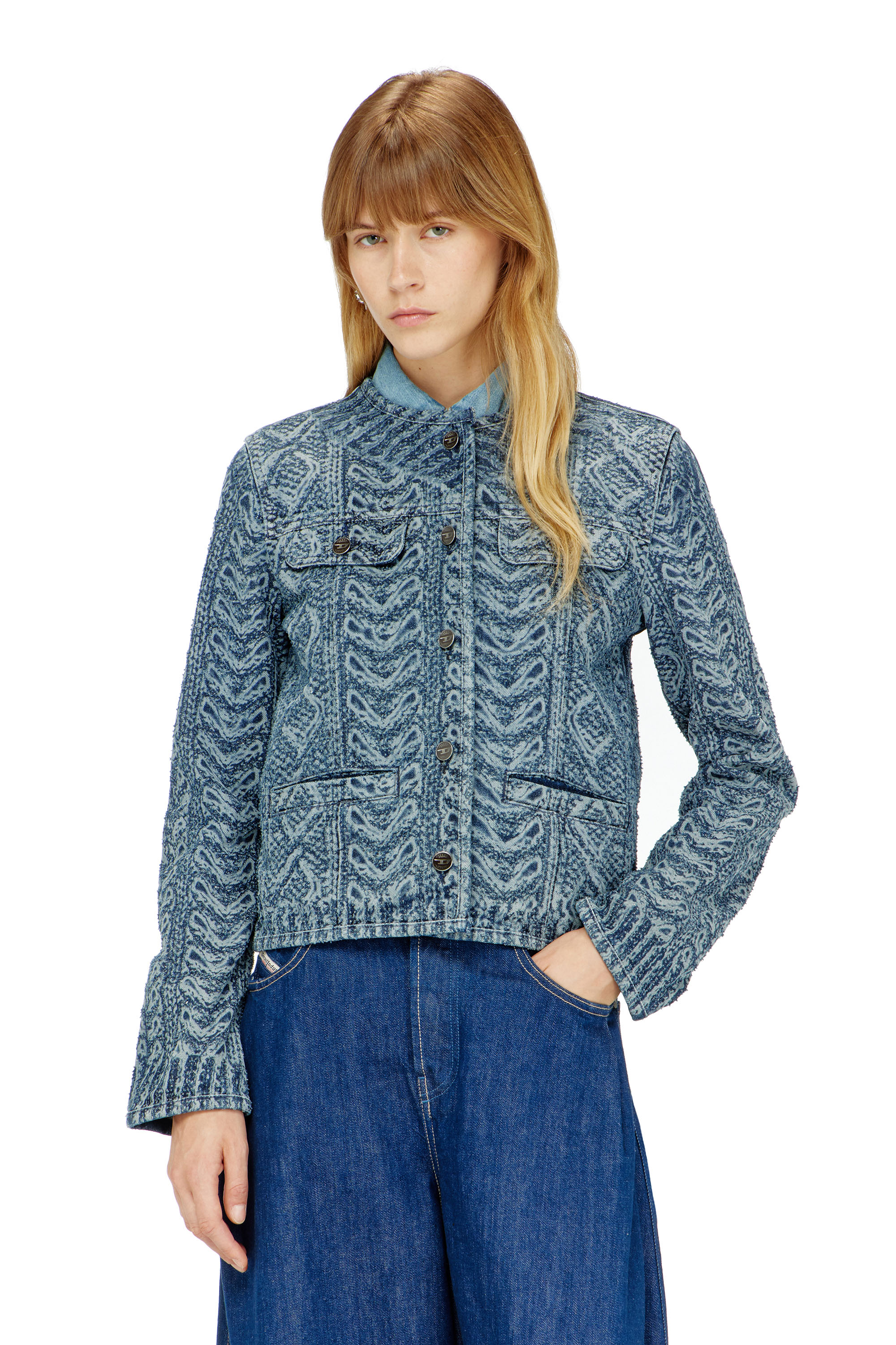 Diesel - DE-GRAFY-S2, Damen Kragenlose Jacke aus Denim mit Zopfmuster-Effekt in Dunkelblau - 3