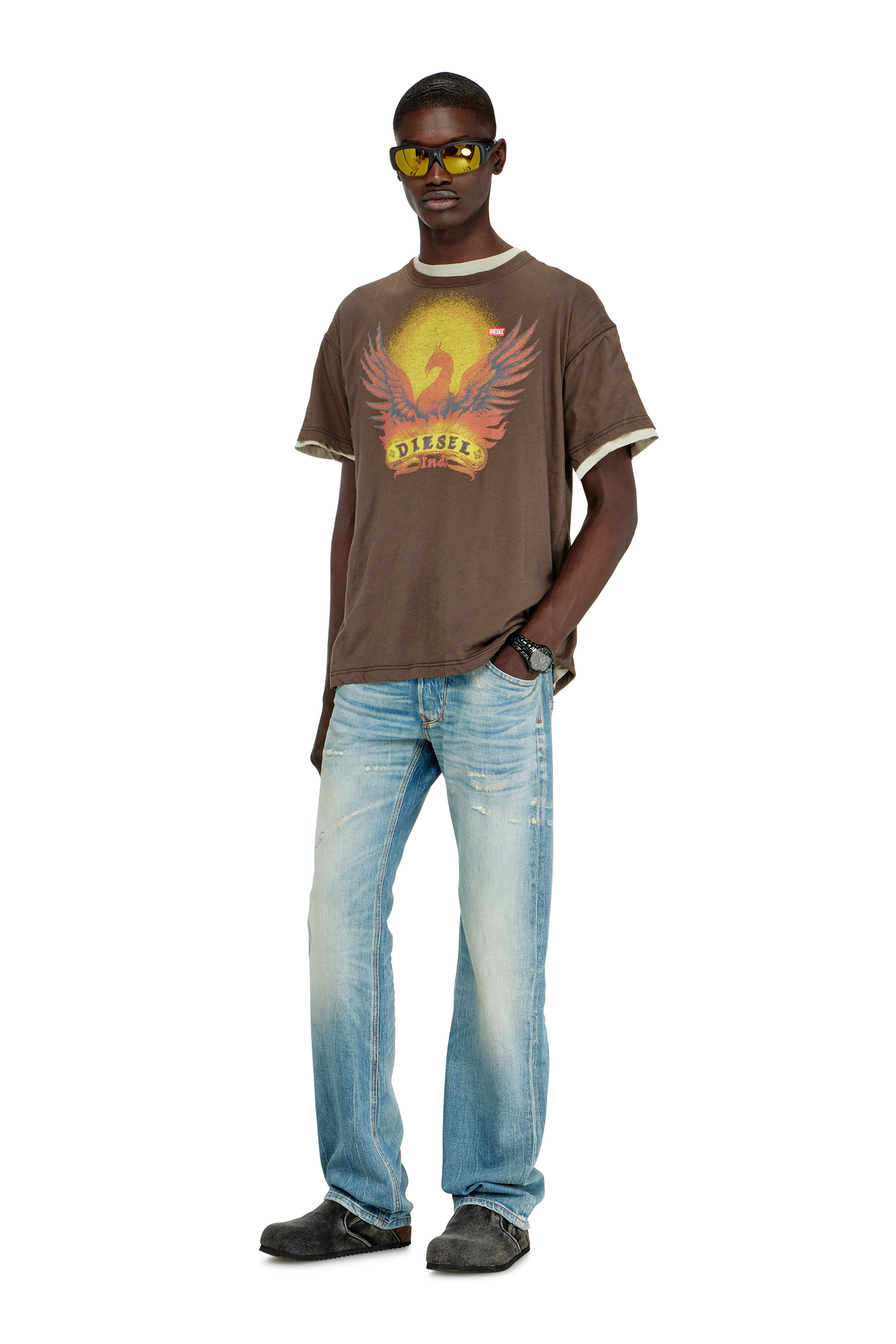 Diesel - T-NORM-AA1, Herren Regul&auml;res T-Shirt mit Ph&ouml;nix-Print in Braun - 1