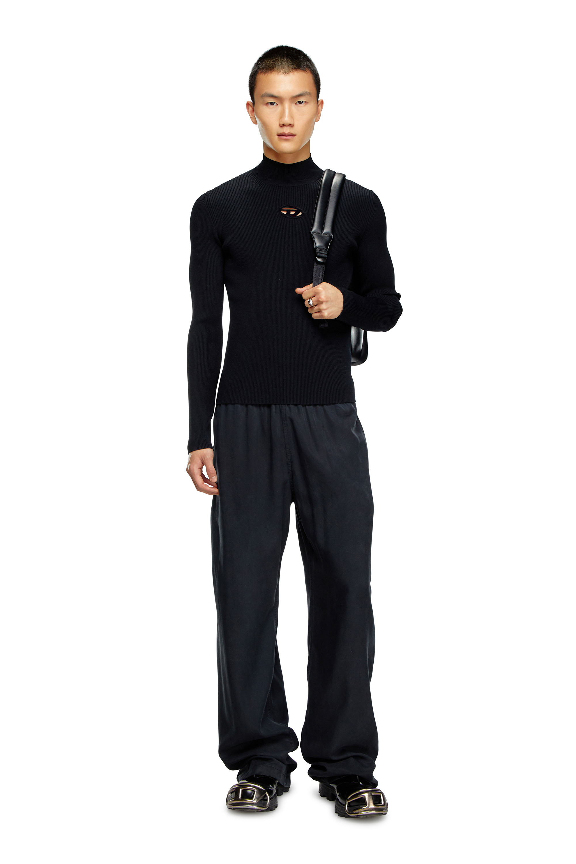 Diesel - K-ZACKARY, Herren Pullover mit Wasserfallausschnitt und Oval D in Schwarz - 2