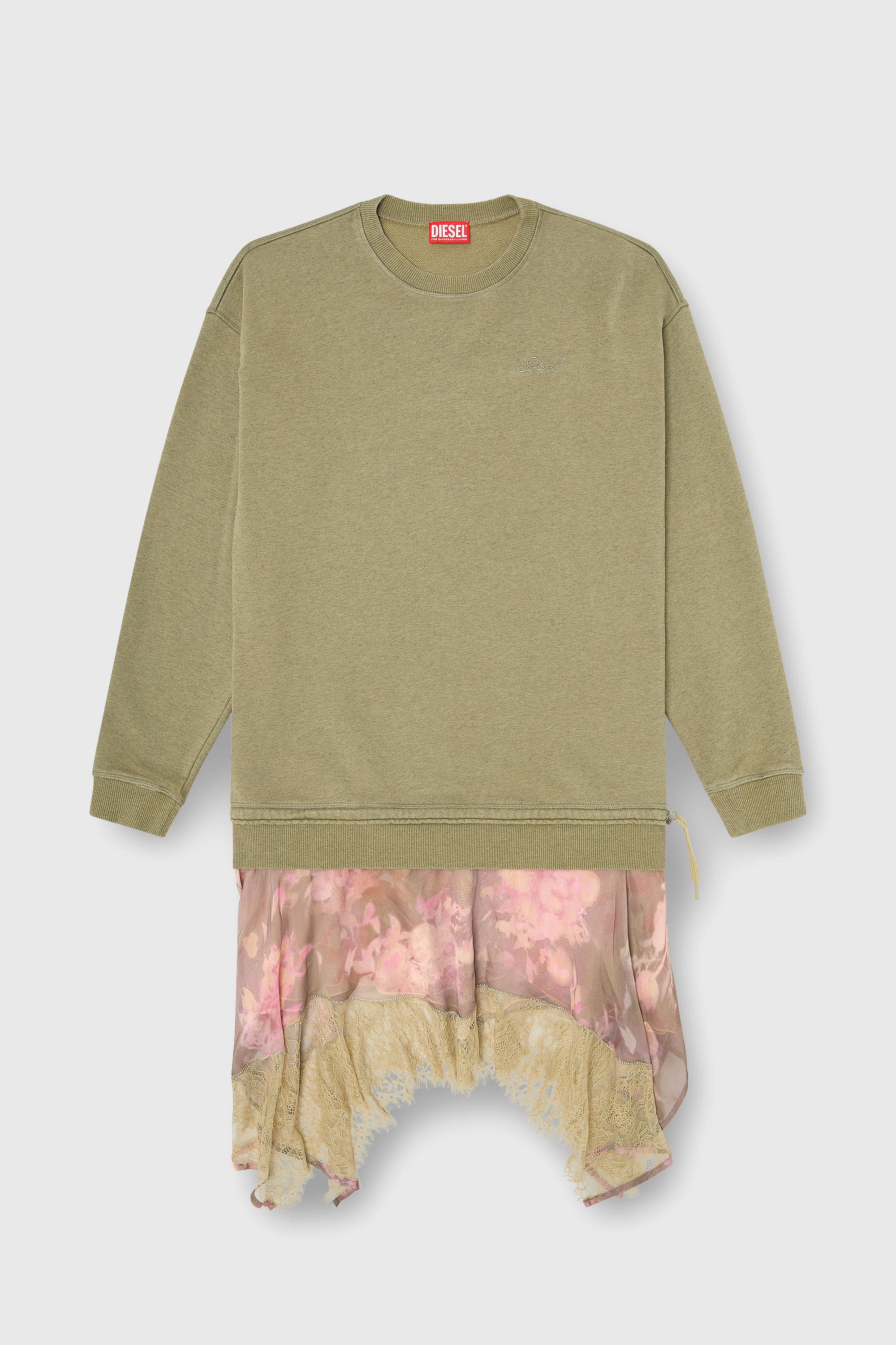 Diesel - D-ORELY, Damen Sweatshirt-Kleid mit Chiffon- und Spitz Rock in Rosa/Gr&uuml;n - 1
