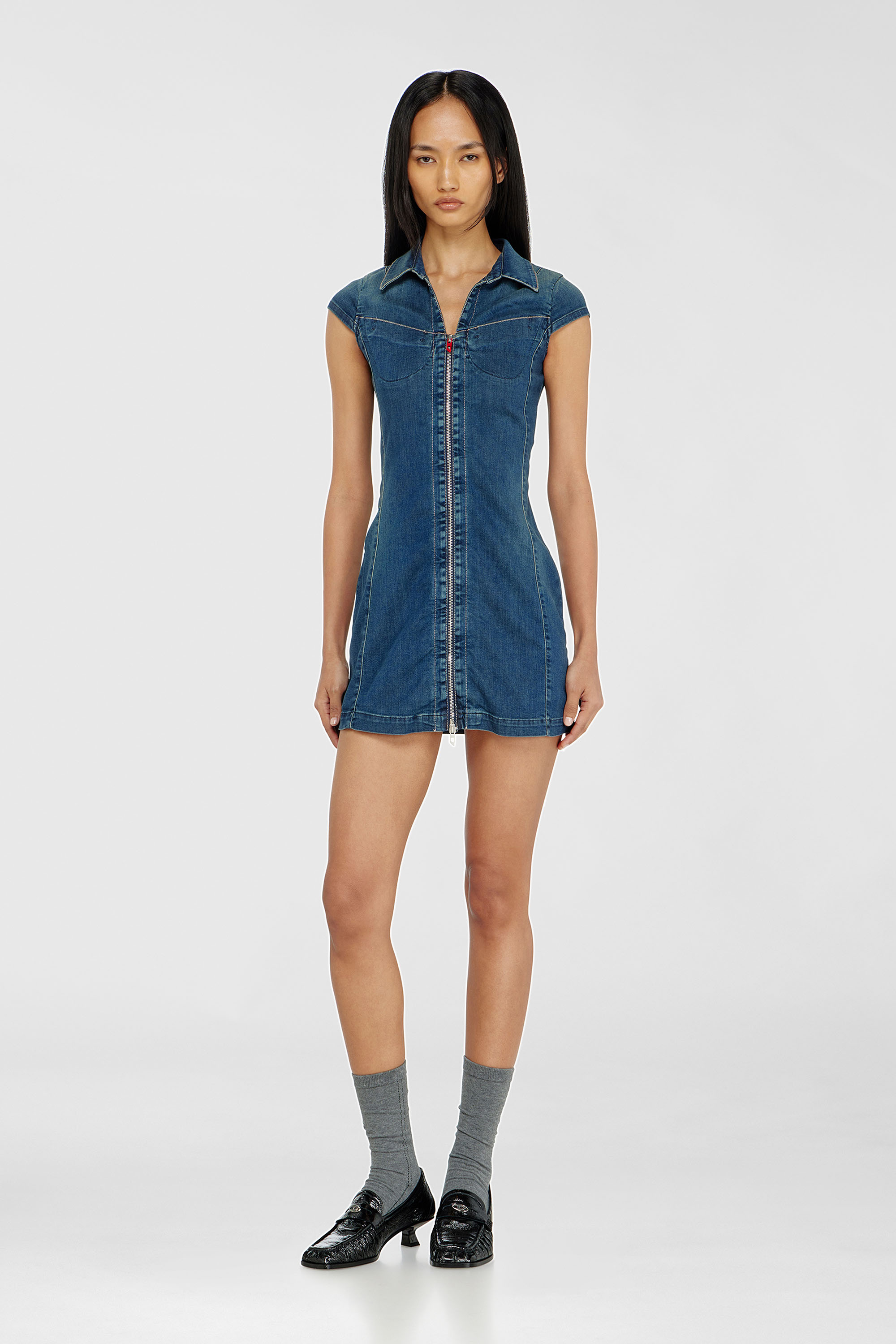 Diesel - DE-LORVYN-S, Damen Jeanshemdkleid mit durchgehendem zip in Mittelblau - 3