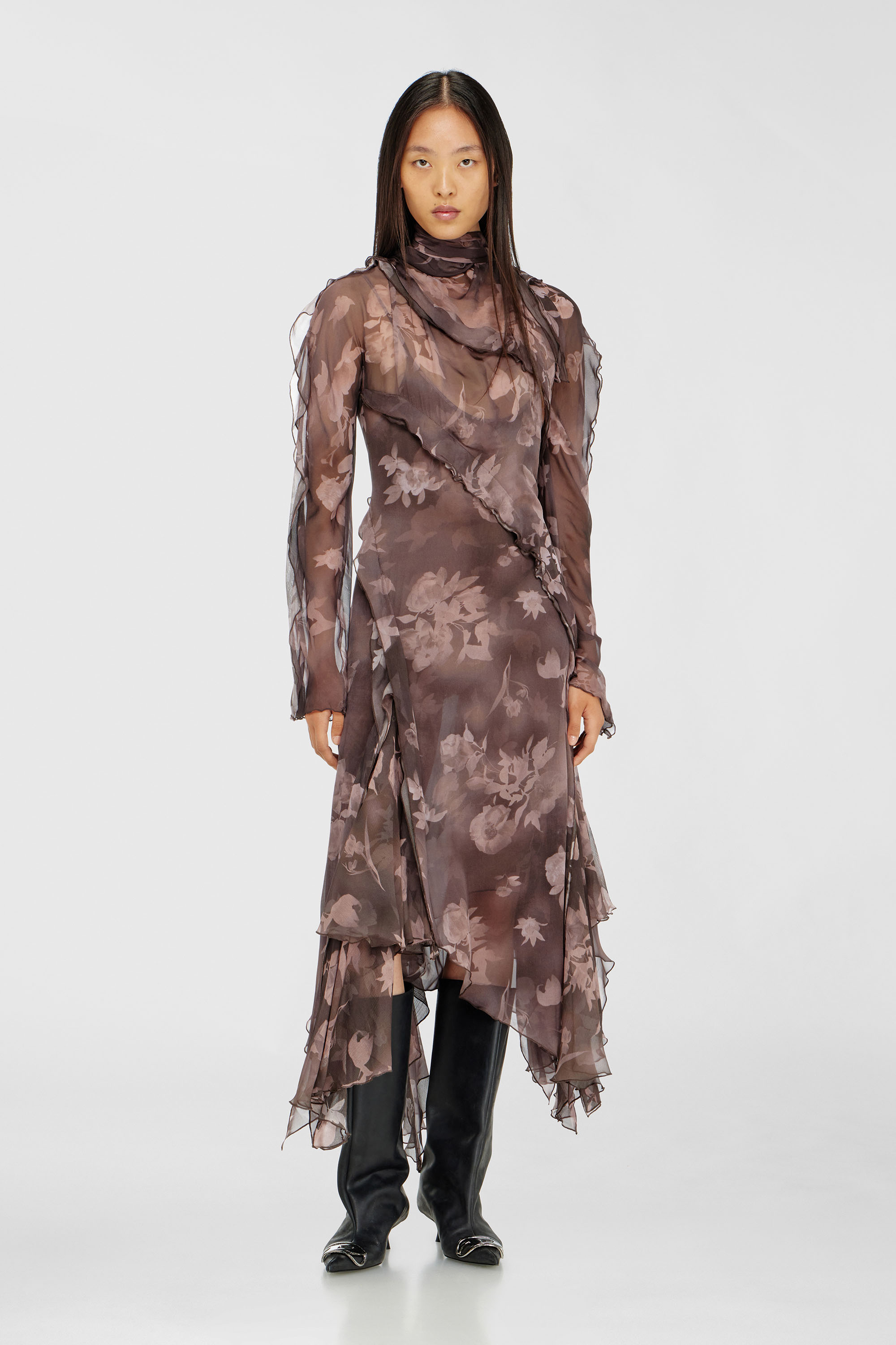 Diesel - D-RIADI, Damen Asymmetrisches Midikleid aus Chiffon und Seiden-Cr&ecirc;pe in Braun - 3