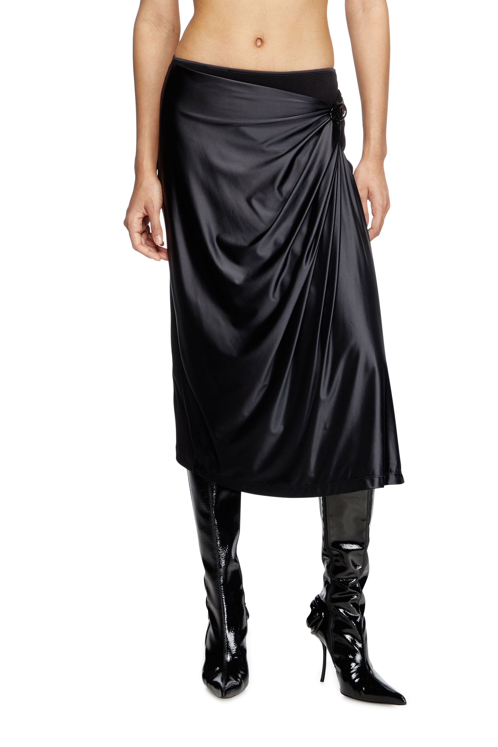 Diesel - O-SILV, Damen Drapierter Midi-Rock mit Finish aus Chintz in Schwarz - 1