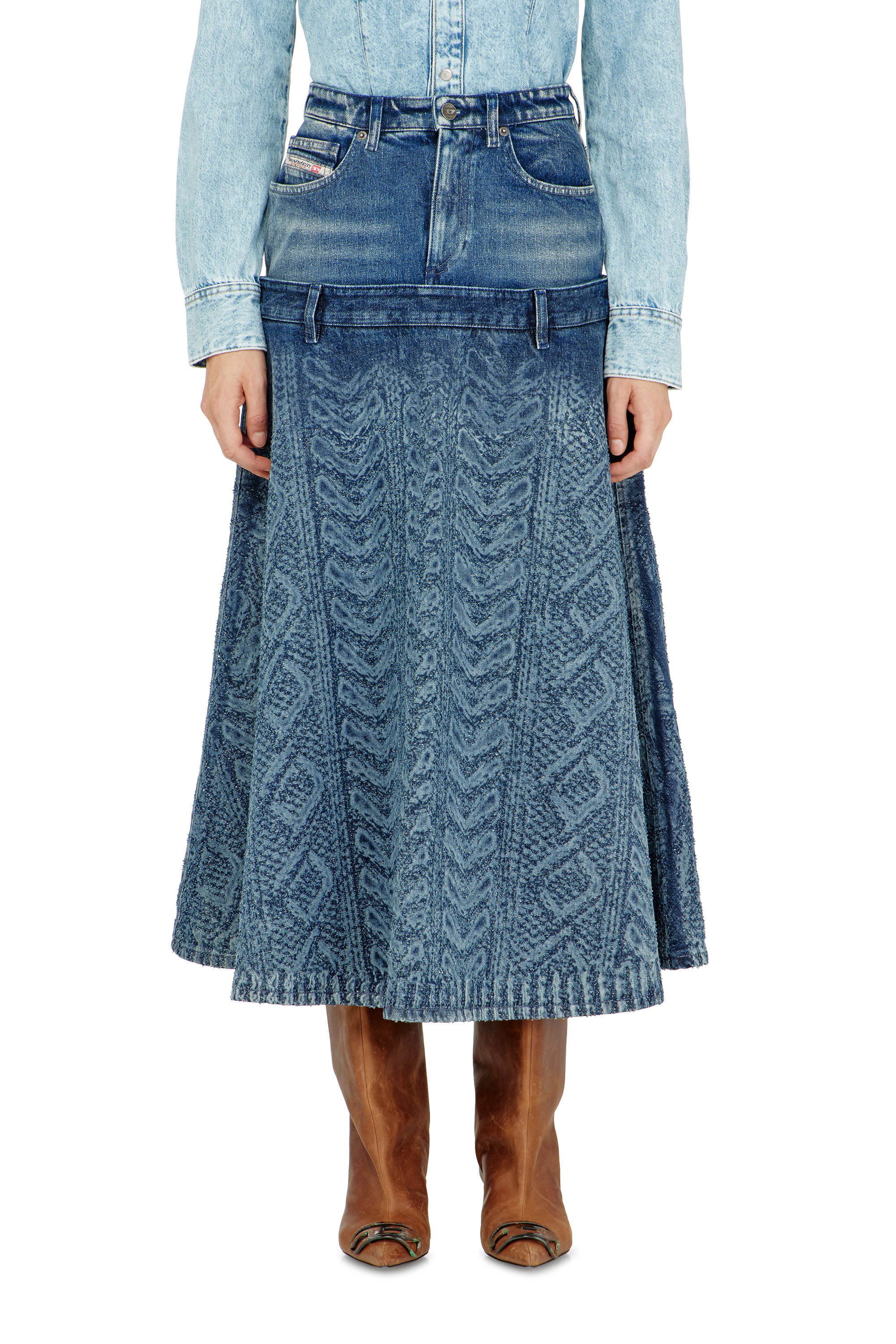 Diesel - DE-VORYA-S1, Damen Midi-Rock aus Denim mit Zopfmuster-Effekt in Dunkelblau - 3