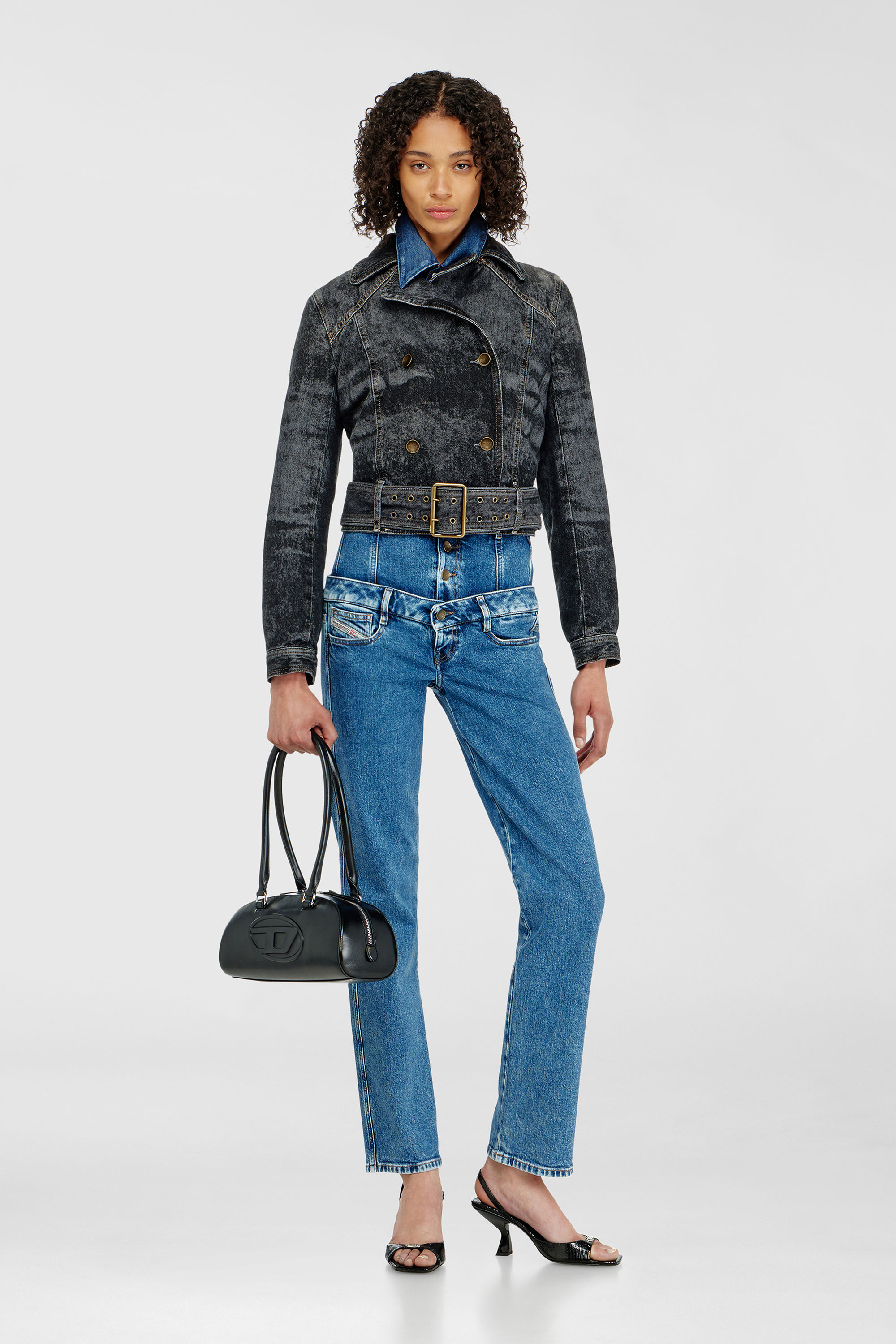 Diesel - DE-LEGEND-S, Damen Cropped Denimjacke mit G&uuml;rtel in Schwarz - 1