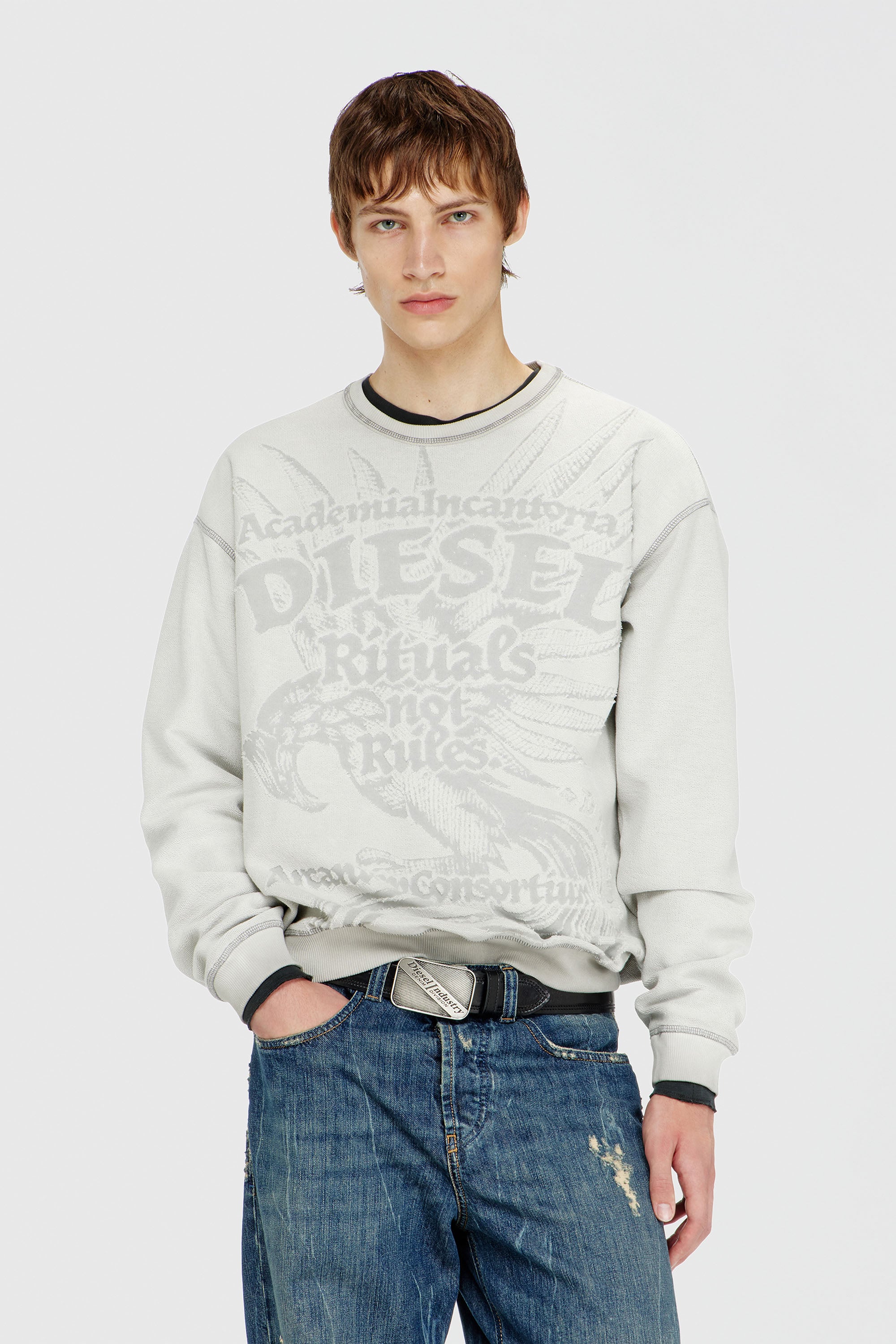Diesel - S-ARON-RAW, Herren Sweatshirt mit d&eacute;vor&eacute;-Print in Hellgrau - 1