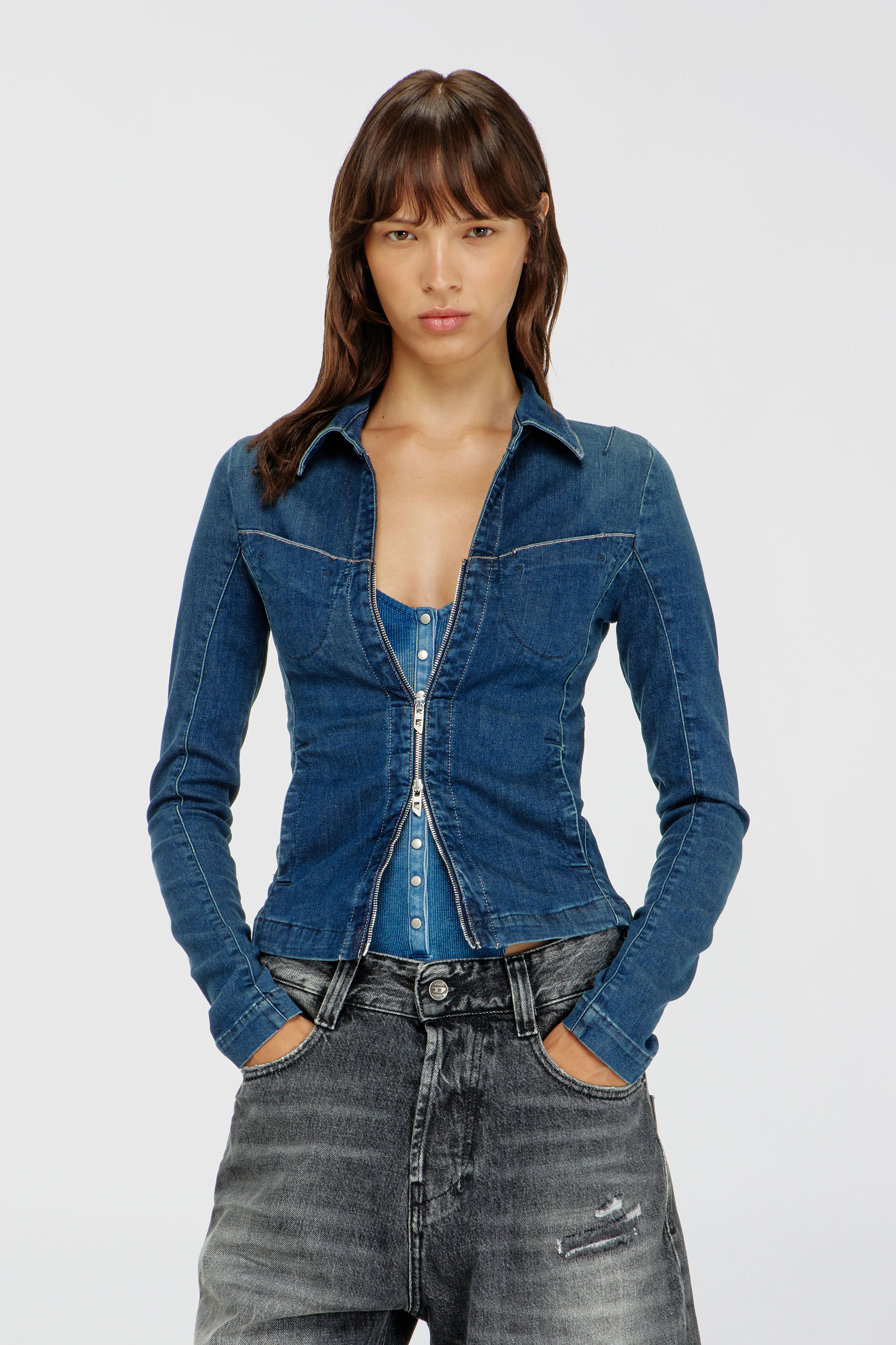 Diesel - DE-QUINOR-S1, Damen Hemd mit Rei&szlig;verschluss aus denim in Mittelblau - 3