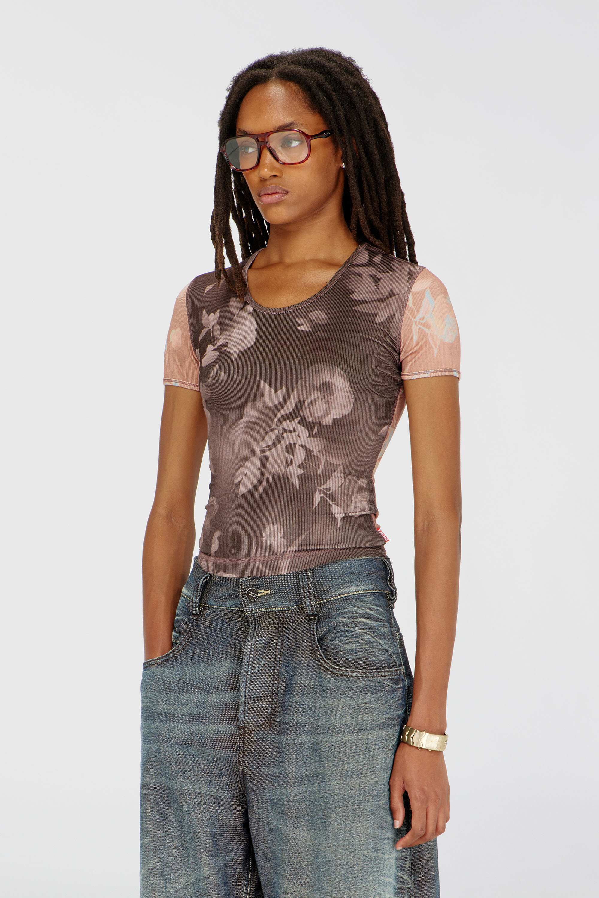 Diesel - T-ELENEWU, Damen Top aus geripptem Jersey mit Blumenprint in Braun/Rosa - 3