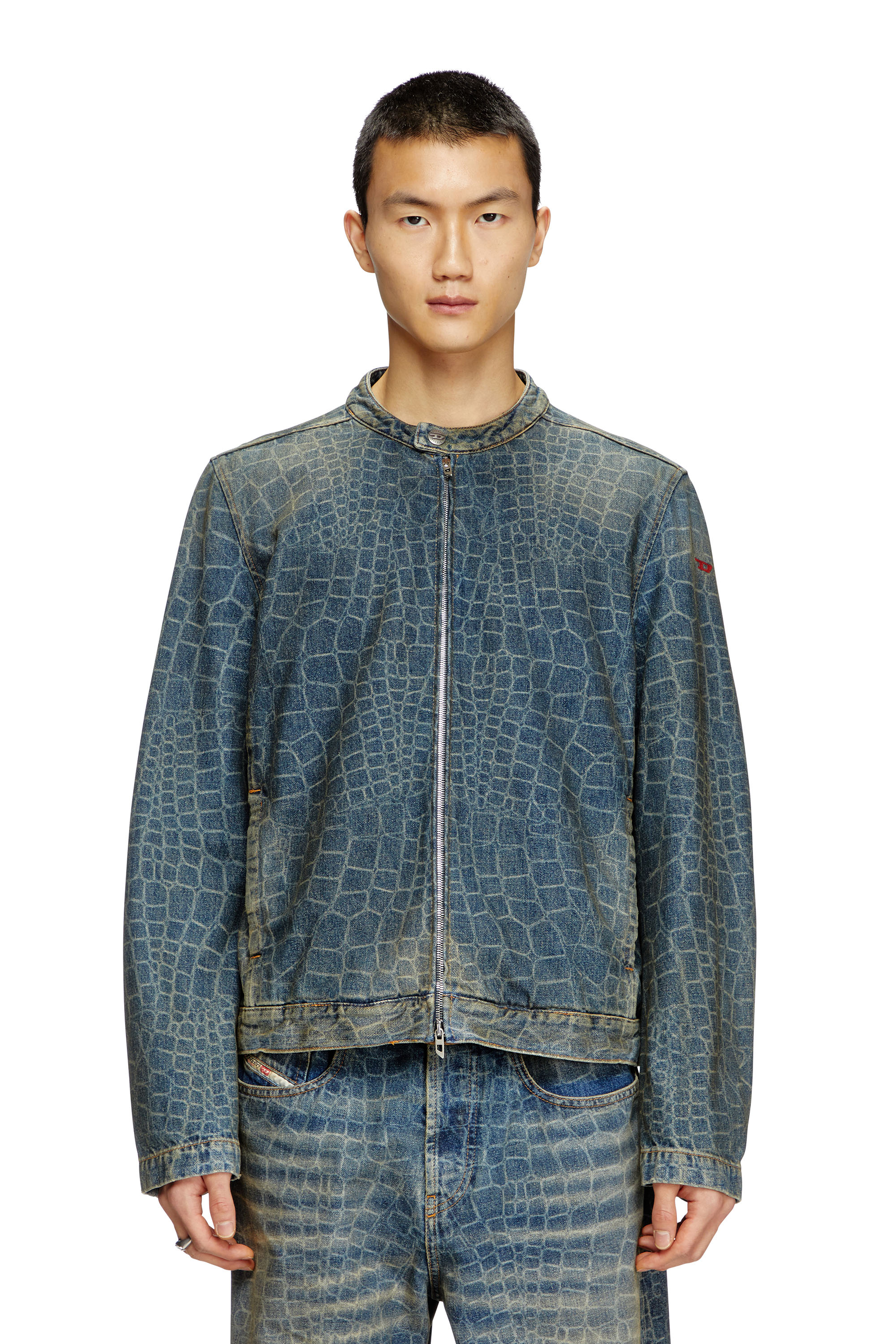 Diesel - CL-D-GLORY-SNAKE, Herren Motorradjacke aus Denim mit Schlangen-Print in Dunkelblau - 1