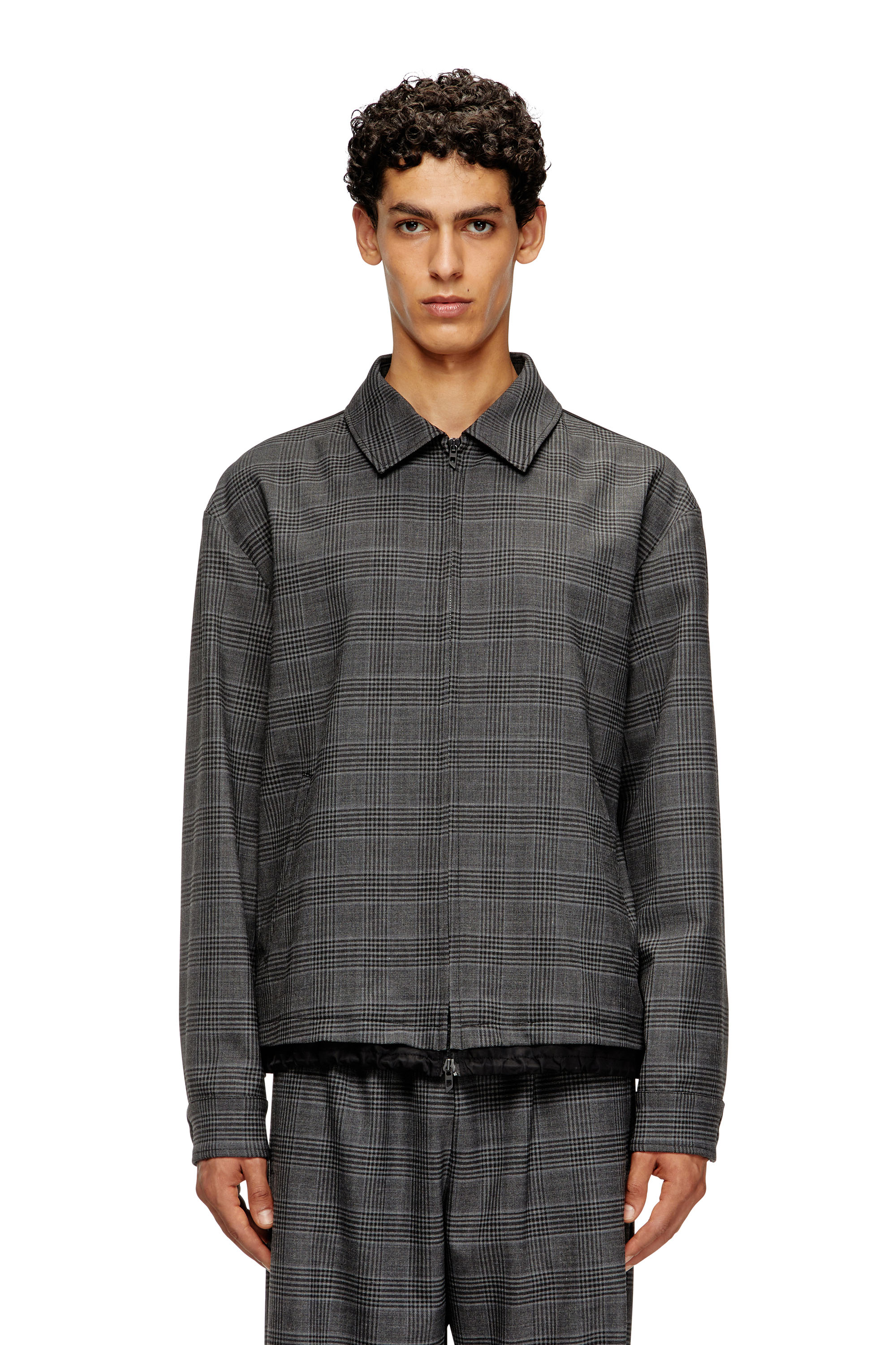 Diesel - J-TING, Herren Coach-Jacke aus Prince-of-Wales-Wollmischung und Satin in Schwarz/Grau - 1