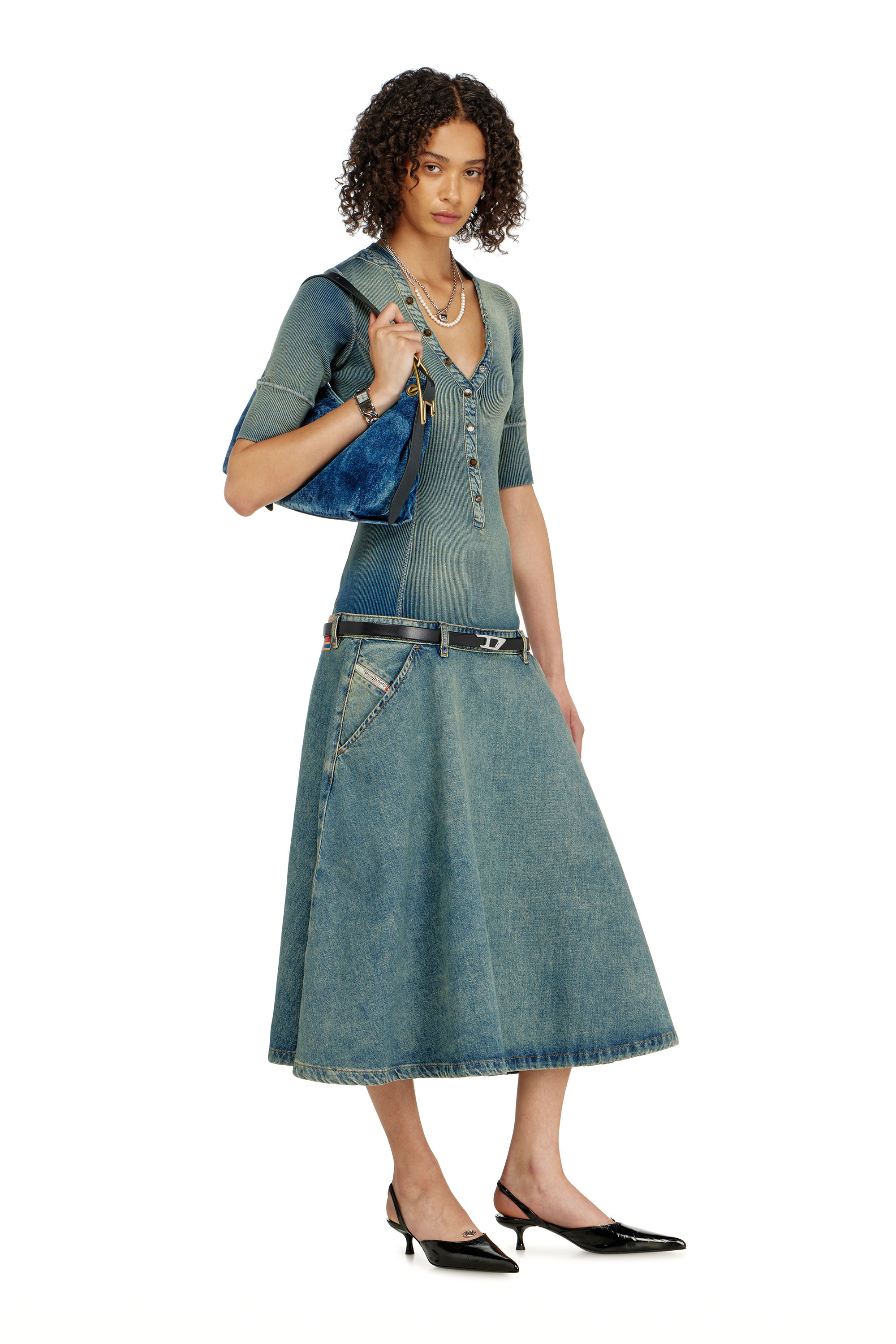 Diesel - DE-ANIM-S, Damen Midikleid mit tiefer Taille aus Strick und Denim in null - 2