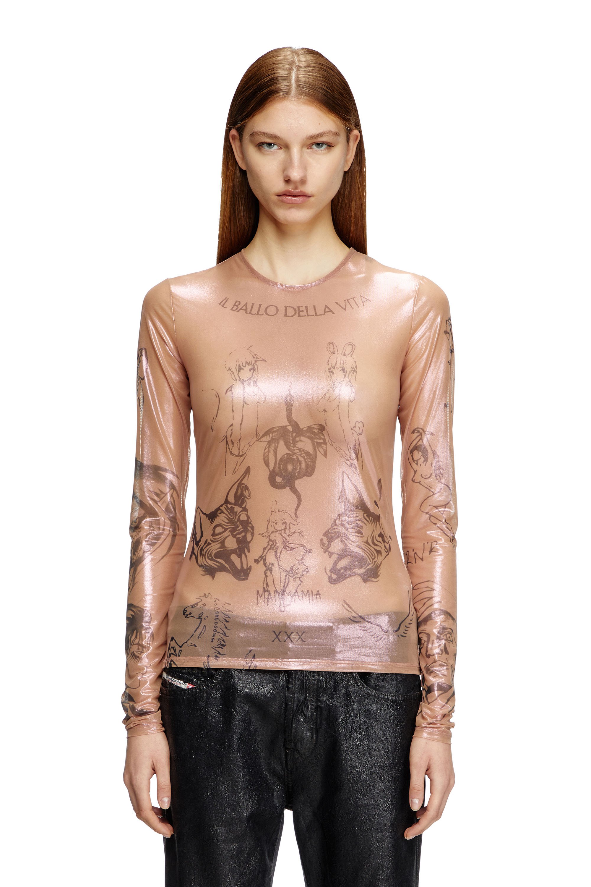 Diesel - T-CLAUDE-DD, Unisex Tattoo-Top aus beschichtetem Stretch-Tüll in Rosa - 6