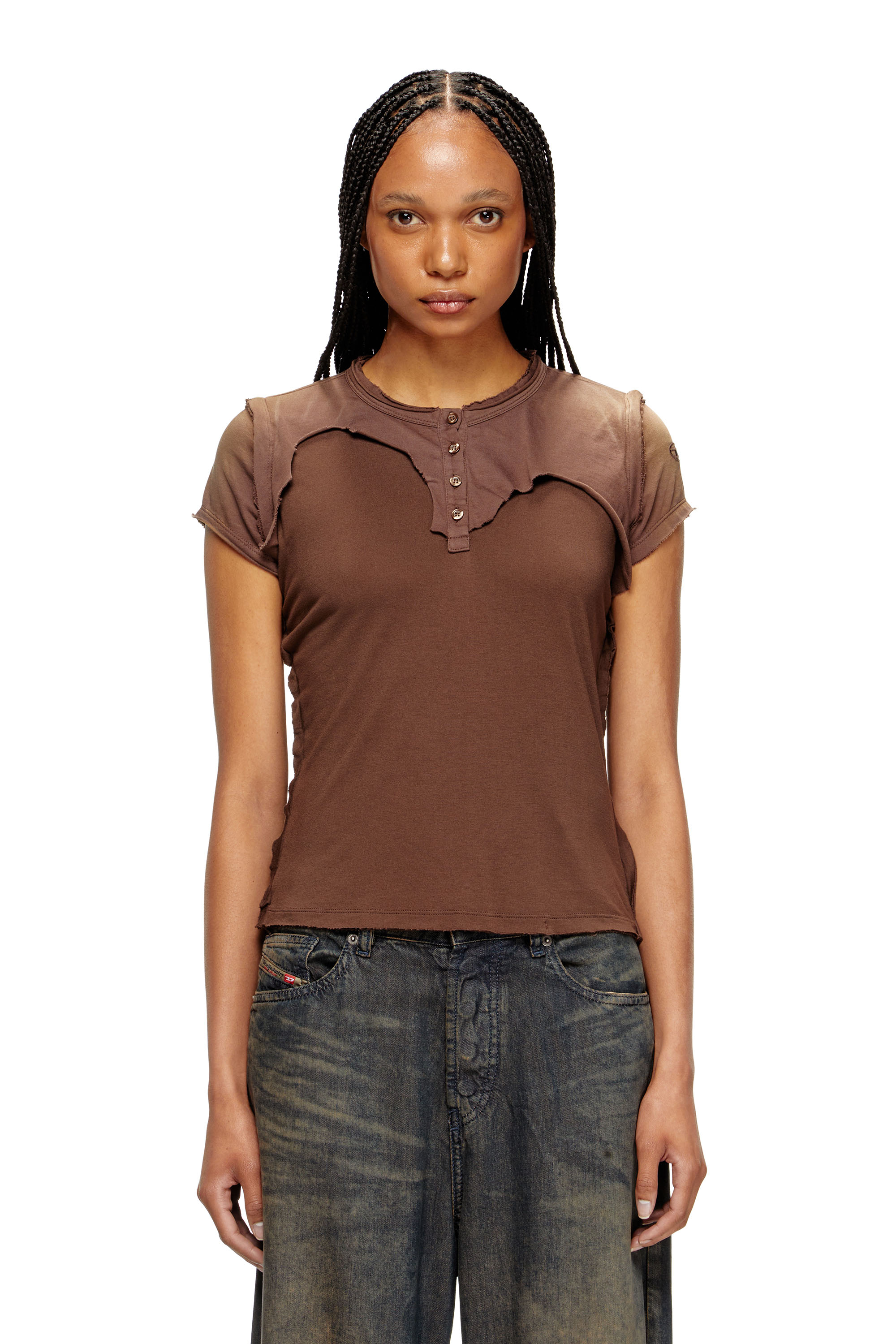 Diesel - T-UNRAWY, Damen Henley-T-Shirt mit Peel-Off-Effekt in Braun - 1