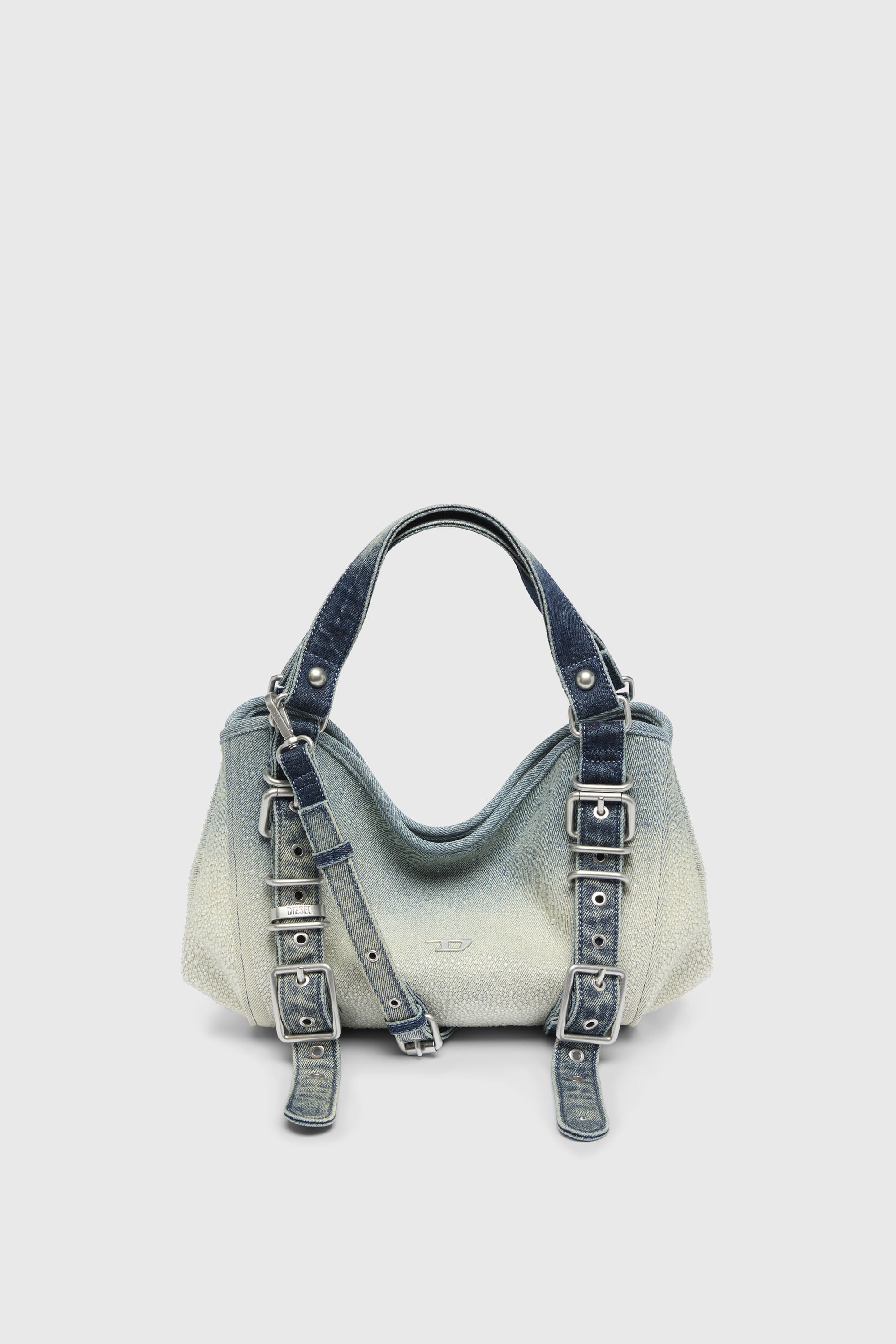 Diesel - D-ONE TOPHANDLE S, Damen D-One-Small Henkeltasche aus solarisiertem Denim mit Kristallen in Blau - 2