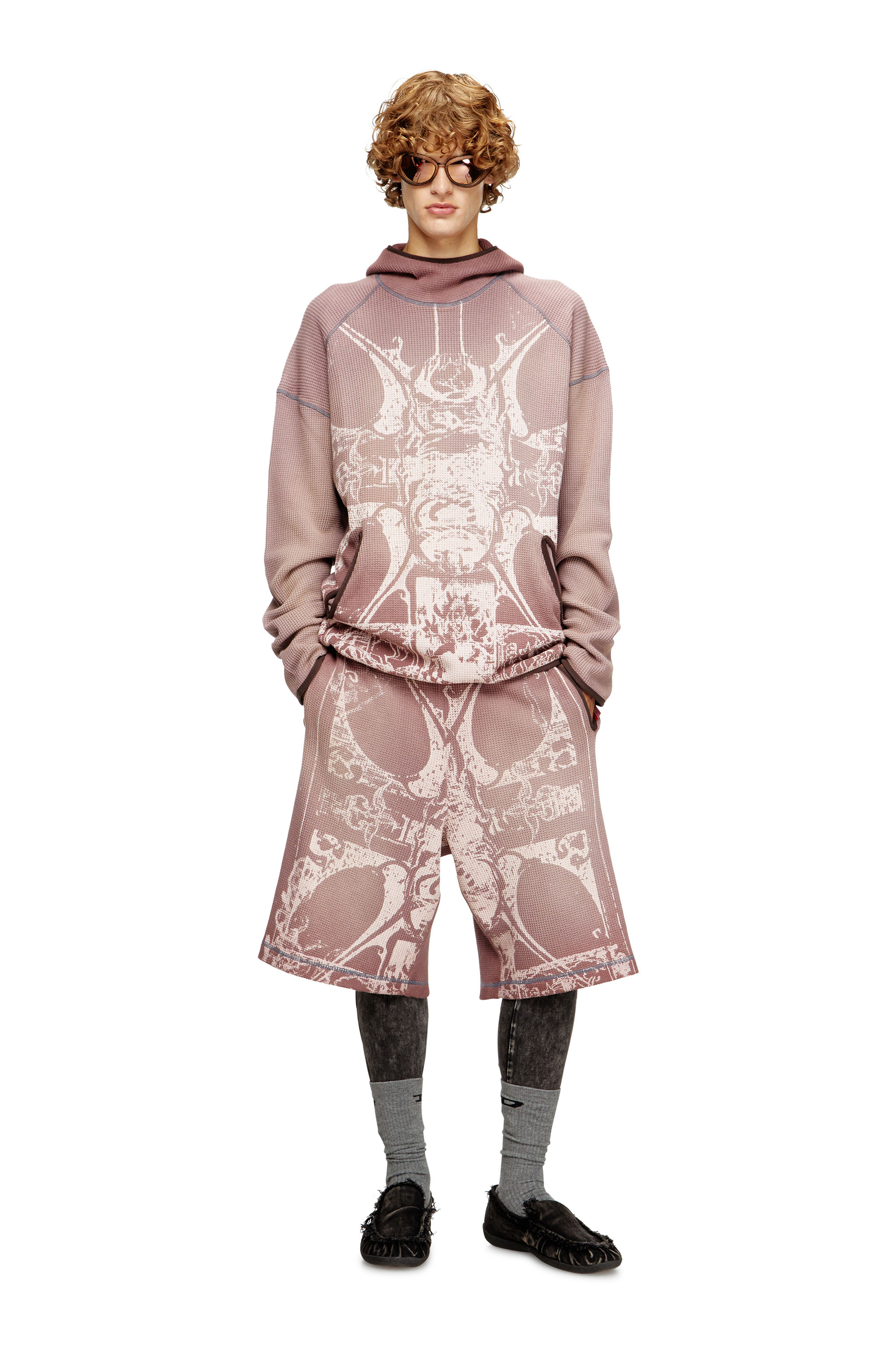 Diesel - P-WARKY-SHORT, Man's Waffle shorts with medieval print in Violet - 1