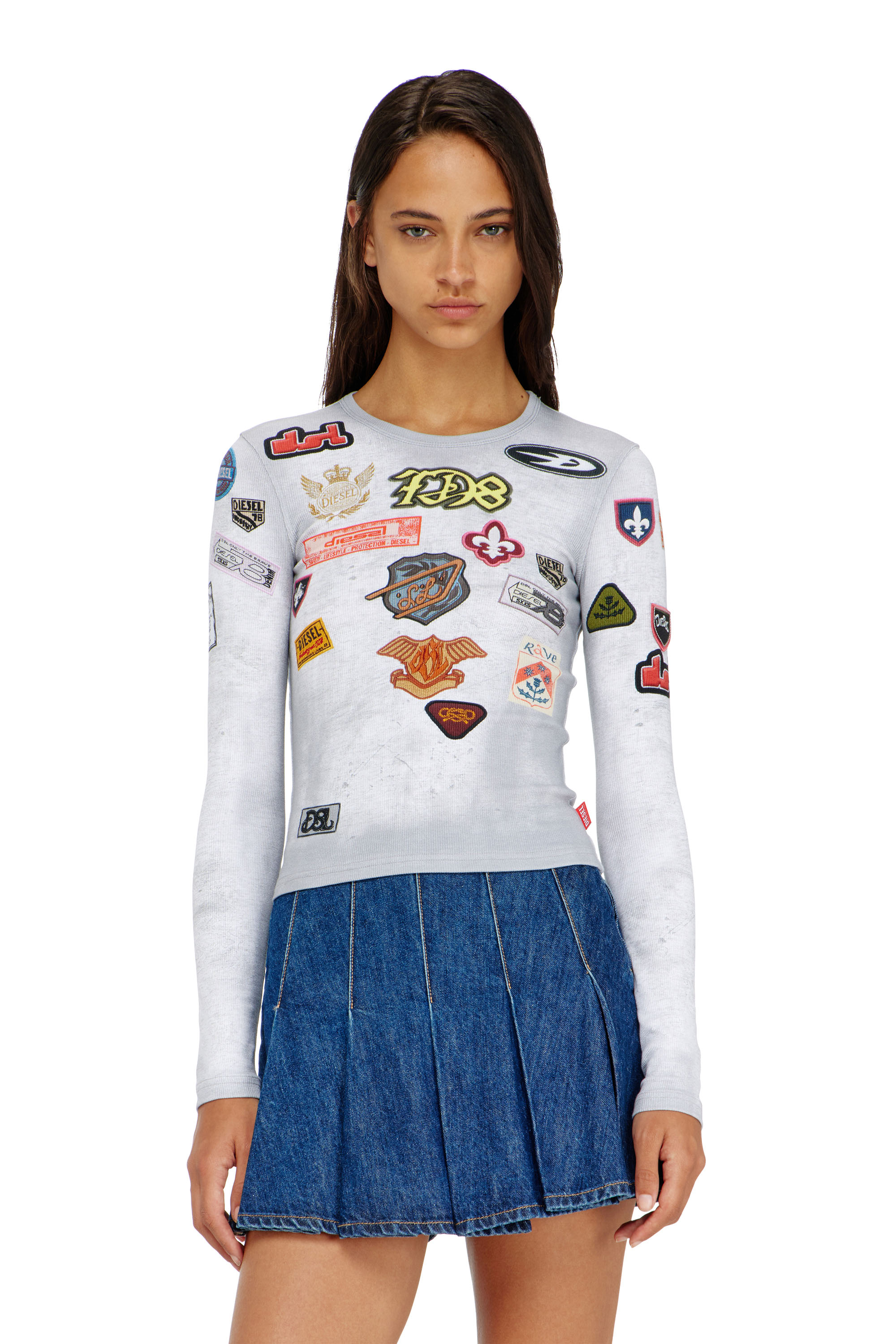 Diesel - T-ELE-LONGSLEEVE, Damen Top aus Rippjersey mit all-over Patch-Print in null - 1
