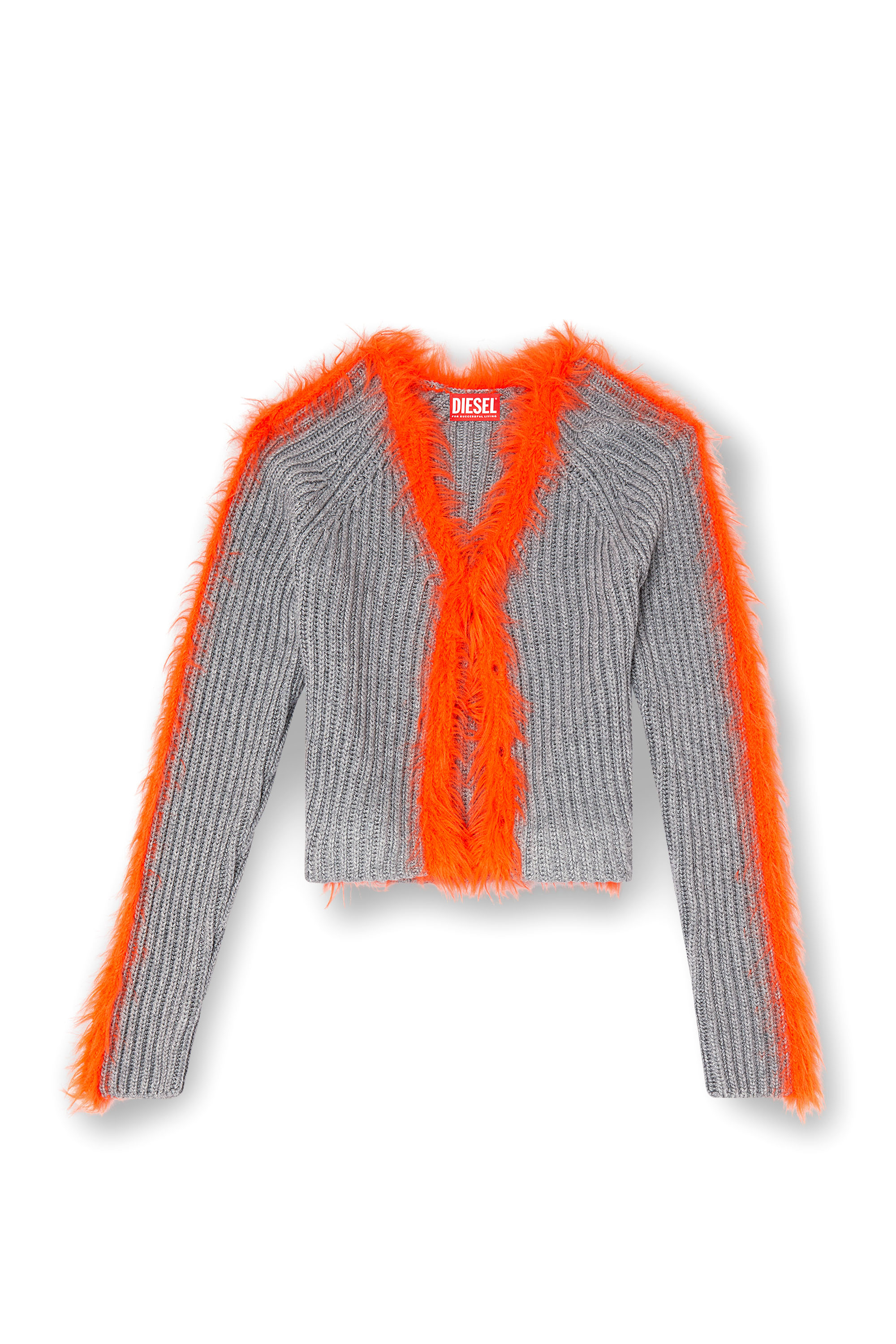 Diesel - M-TANITA, Damen Gerippter Cardigan mit flauschigen Besätzen in Grau/Orange - 3