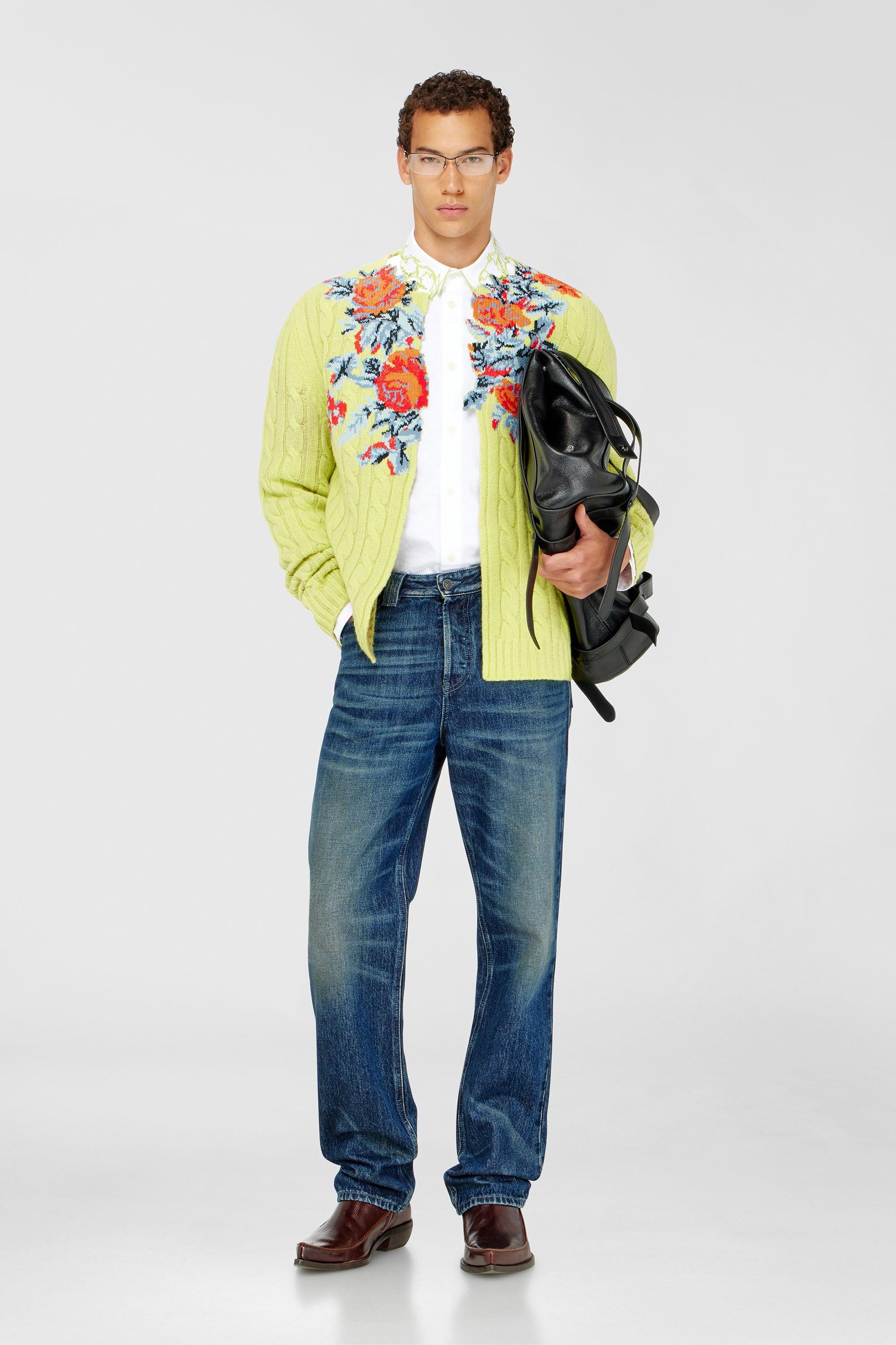 Diesel - K-RINO, Herren Offener Cardigan aus floraler Zopfmusterstrick in Neongelb - 2