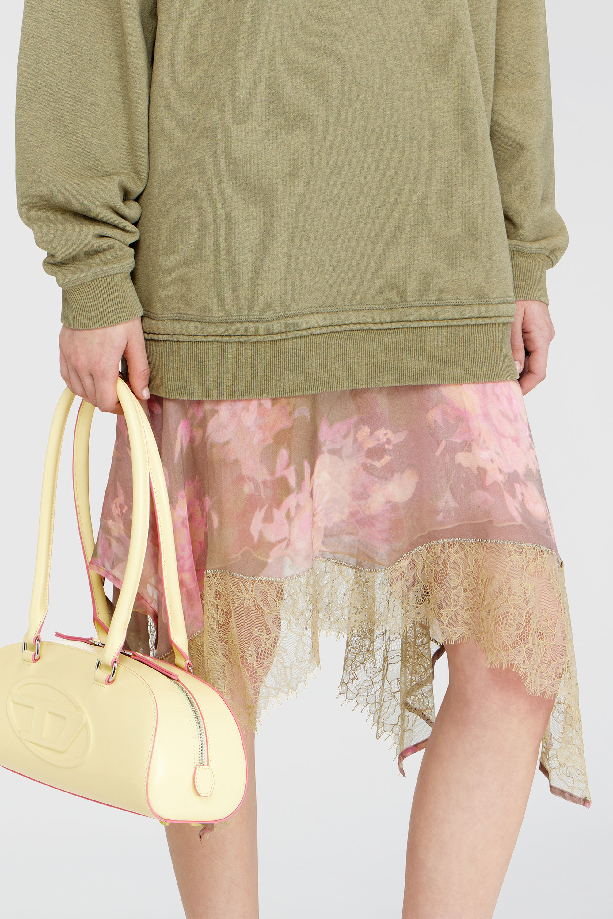 Diesel - D-ORELY, Damen Sweatshirt-Kleid mit Chiffon- und Spitz Rock in Rosa/Gr&uuml;n - 5