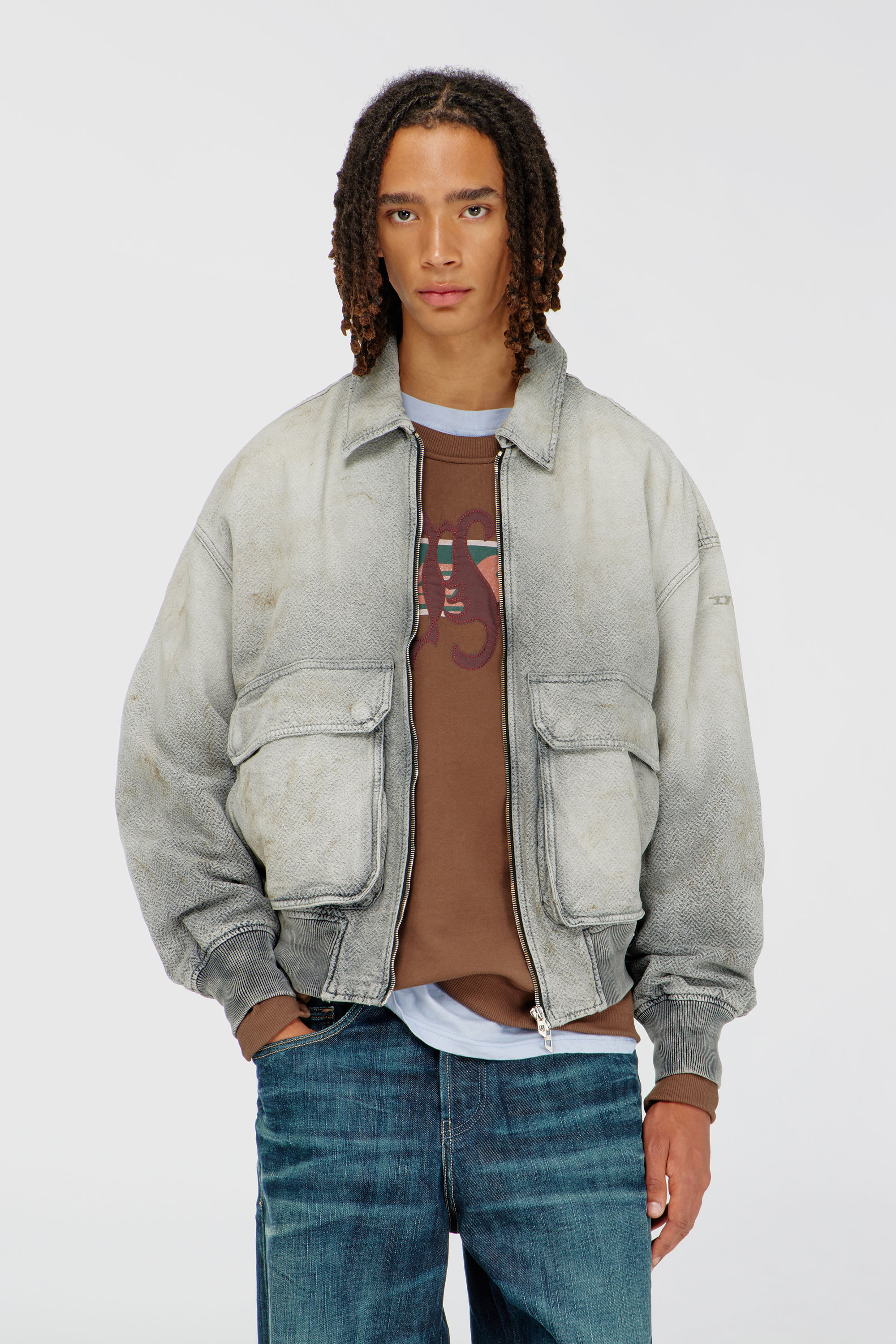 Diesel - D-KURZ, Unisex Jacke aus distressed fischgr&auml;t-denim in Hellgrau - 3