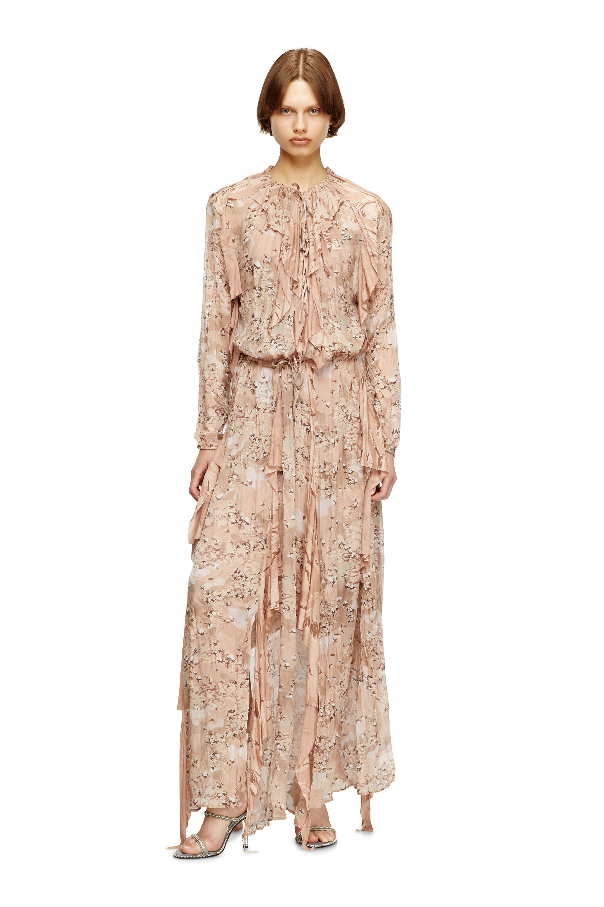 Diesel - D-AZZLING-R1, Damen Rüschen-Maxikleid aus Camo-Chiffon in Gesichtspuder - 2