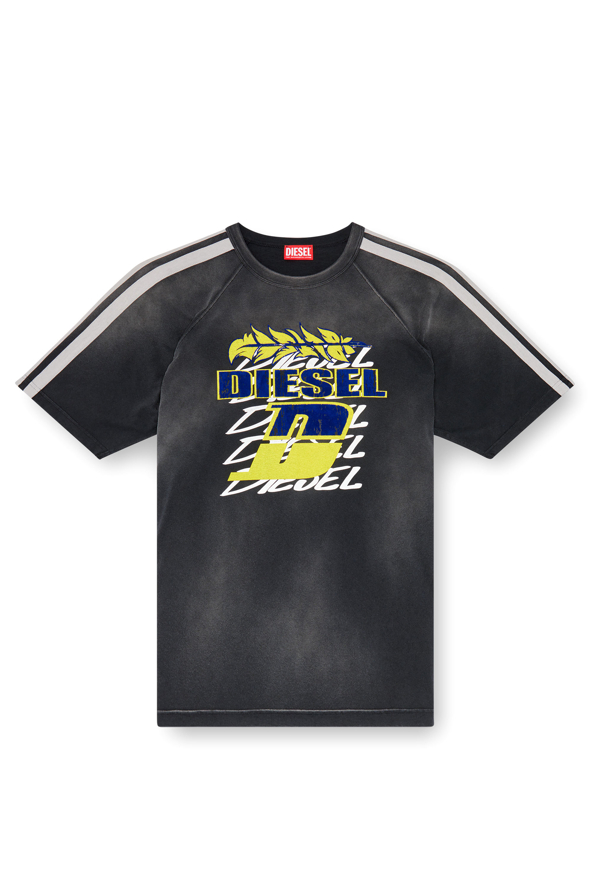 Diesel - T-ROXT-STRIPE, Herren Verblasstes T-Shirt mit aufgeflocktem Logo-Print in Schwarz - Image 3