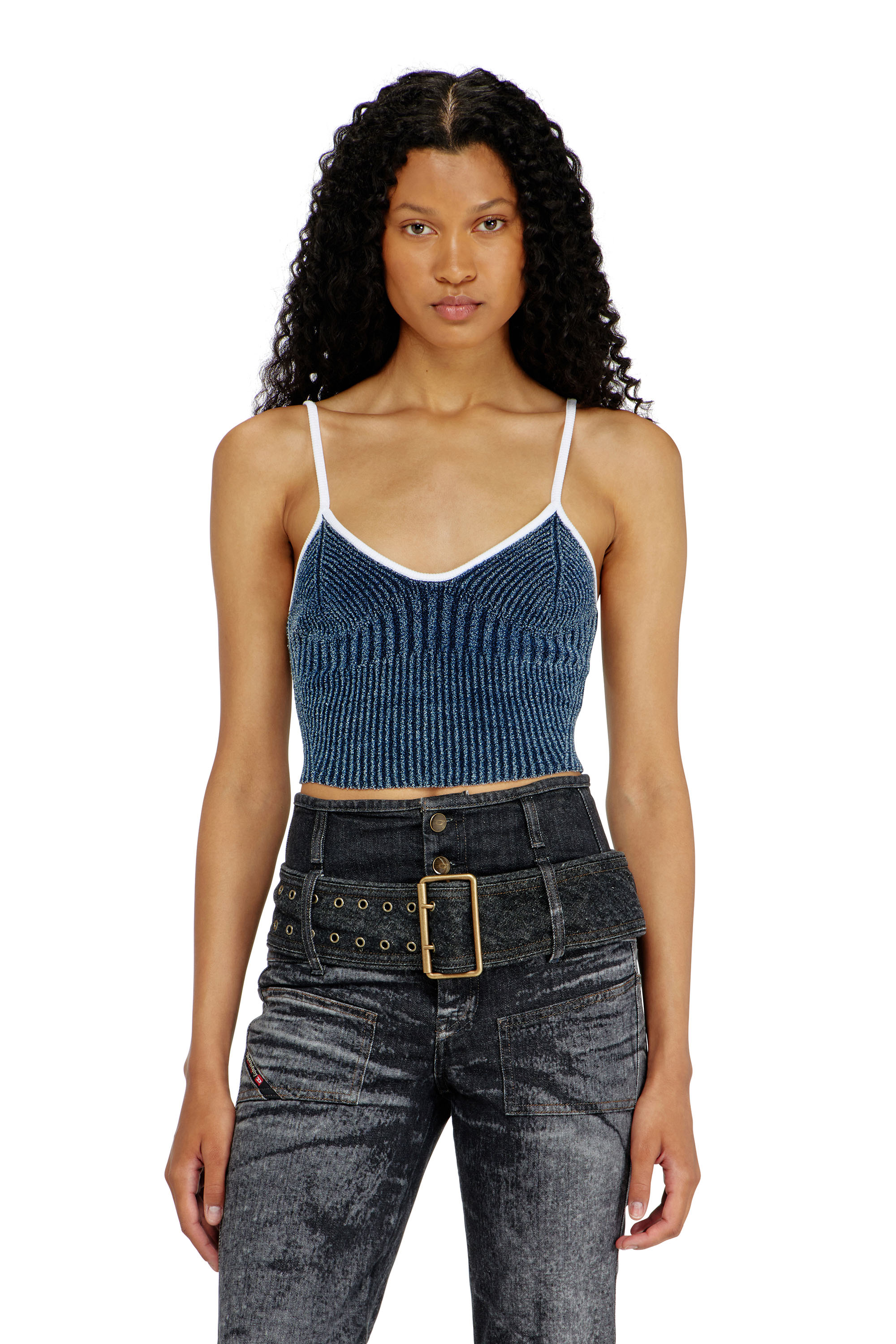 Diesel - M-ESTERE, Damen Crop-Top aus indigo boucl&eacute; Rippstrick in Blau/Weiss - 1