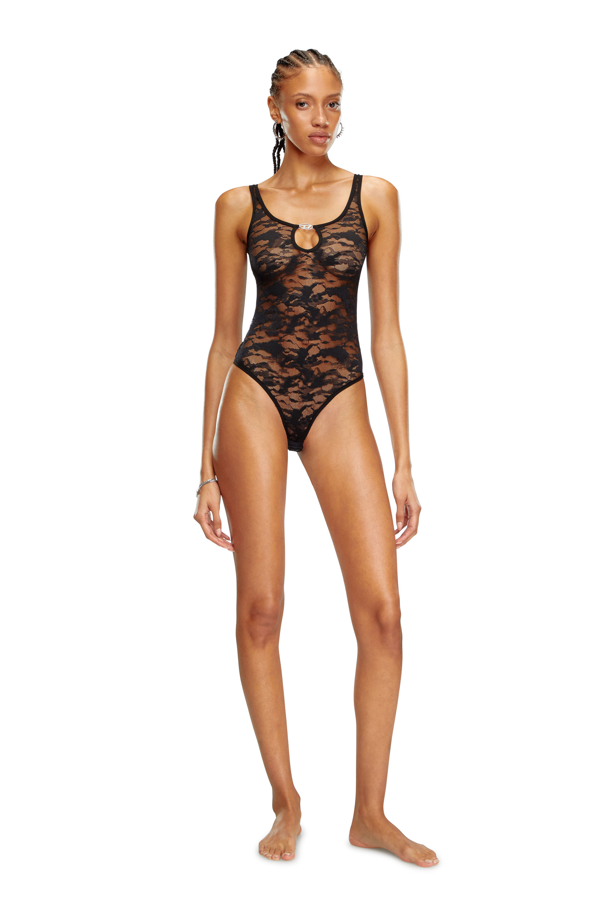 Diesel - UFBY-D-OVAL-LACE-BODYSUIT, Damen Camouflage-Spitzen-Bodysuit mit Oval D-Plakette in Schwarz - 1