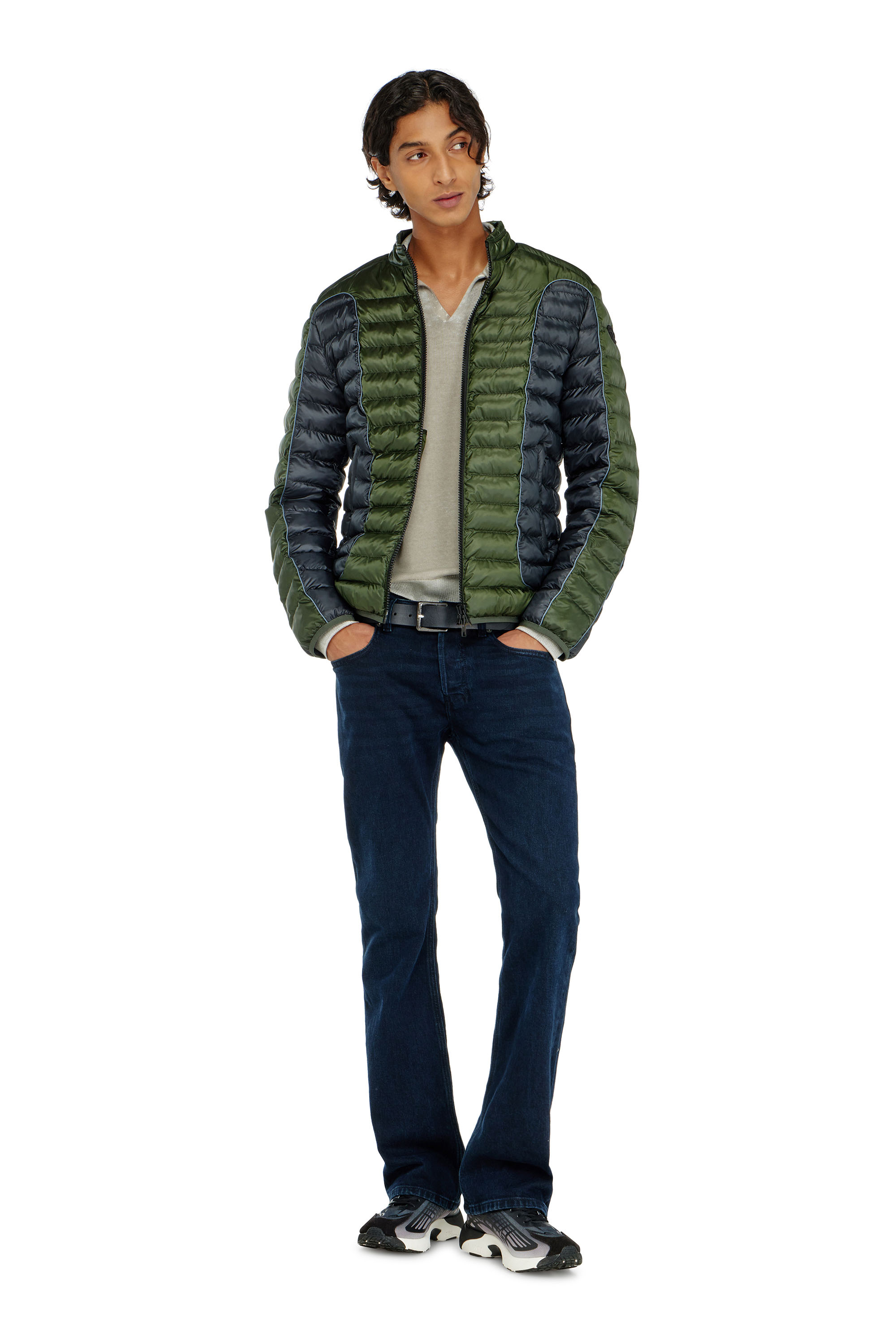 Diesel - W-PILOT-BLOCK, Herren Biker-Pufferjacke mit Colour-Block-Design in Grau/Gr&uuml;n - 1